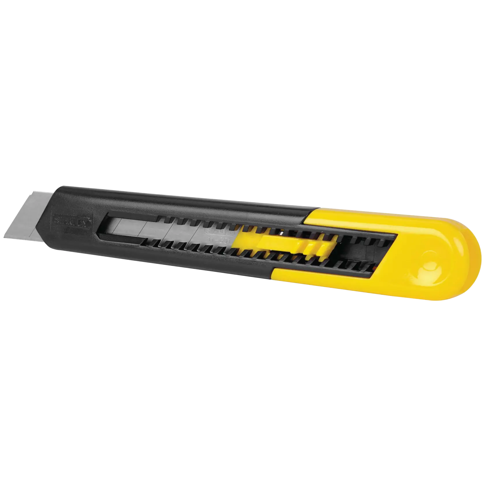 STANLEY snap-off utility knife with black and yellow plastic body, side view on white background