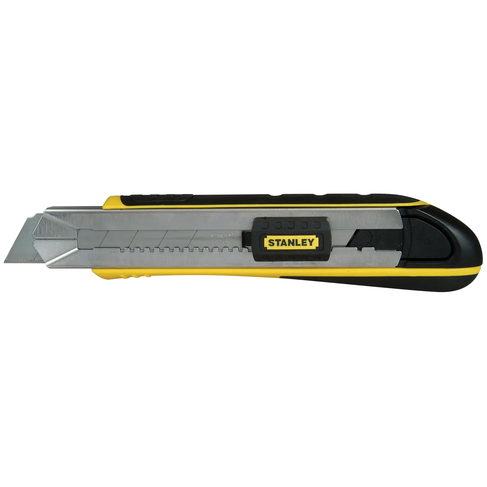 Stanley utility knife with retractable segmented blade, yellow and black body, side view on white background.