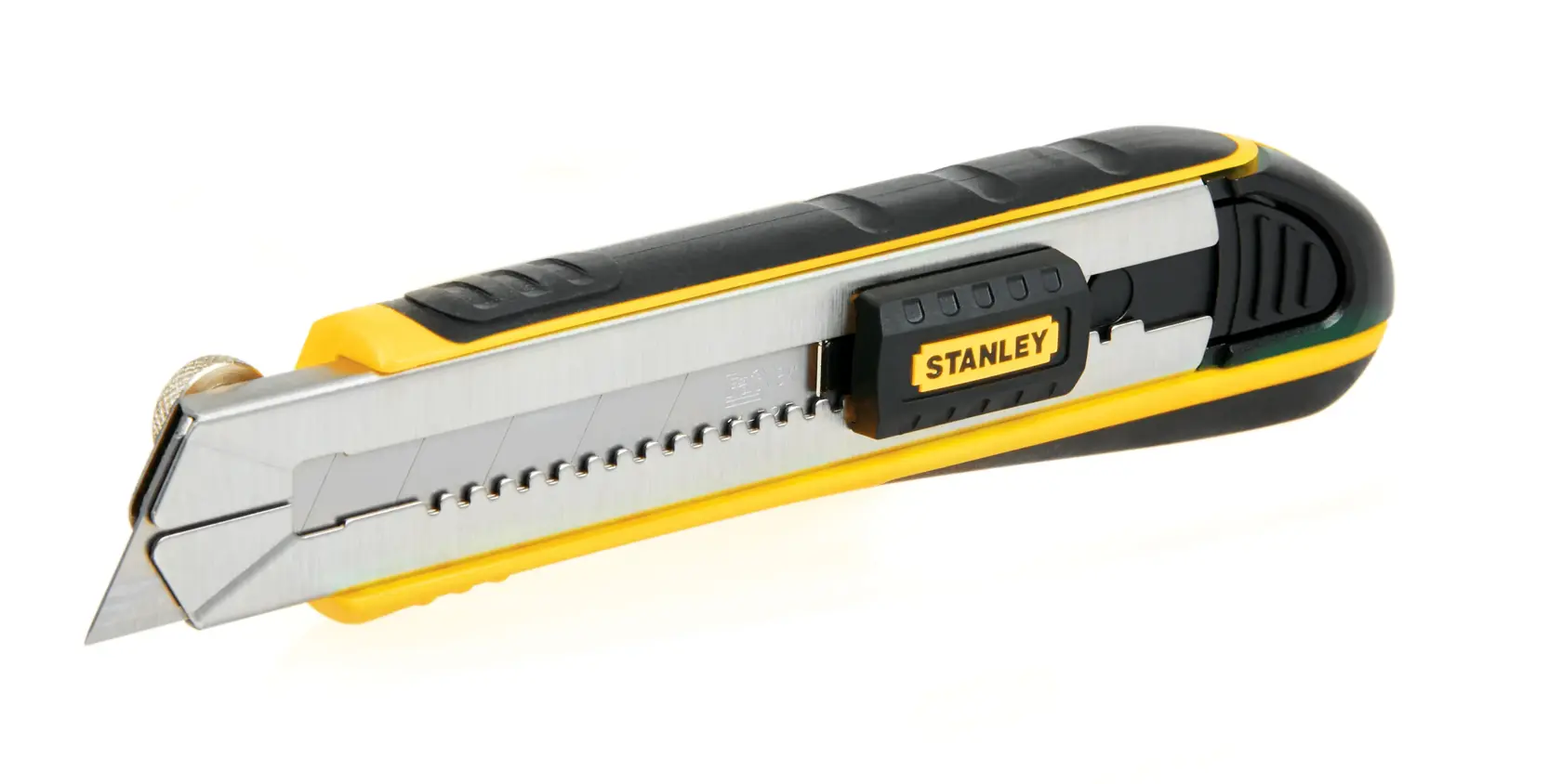 Stanley snap-off utility knife, black and yellow, angled side view on white background
