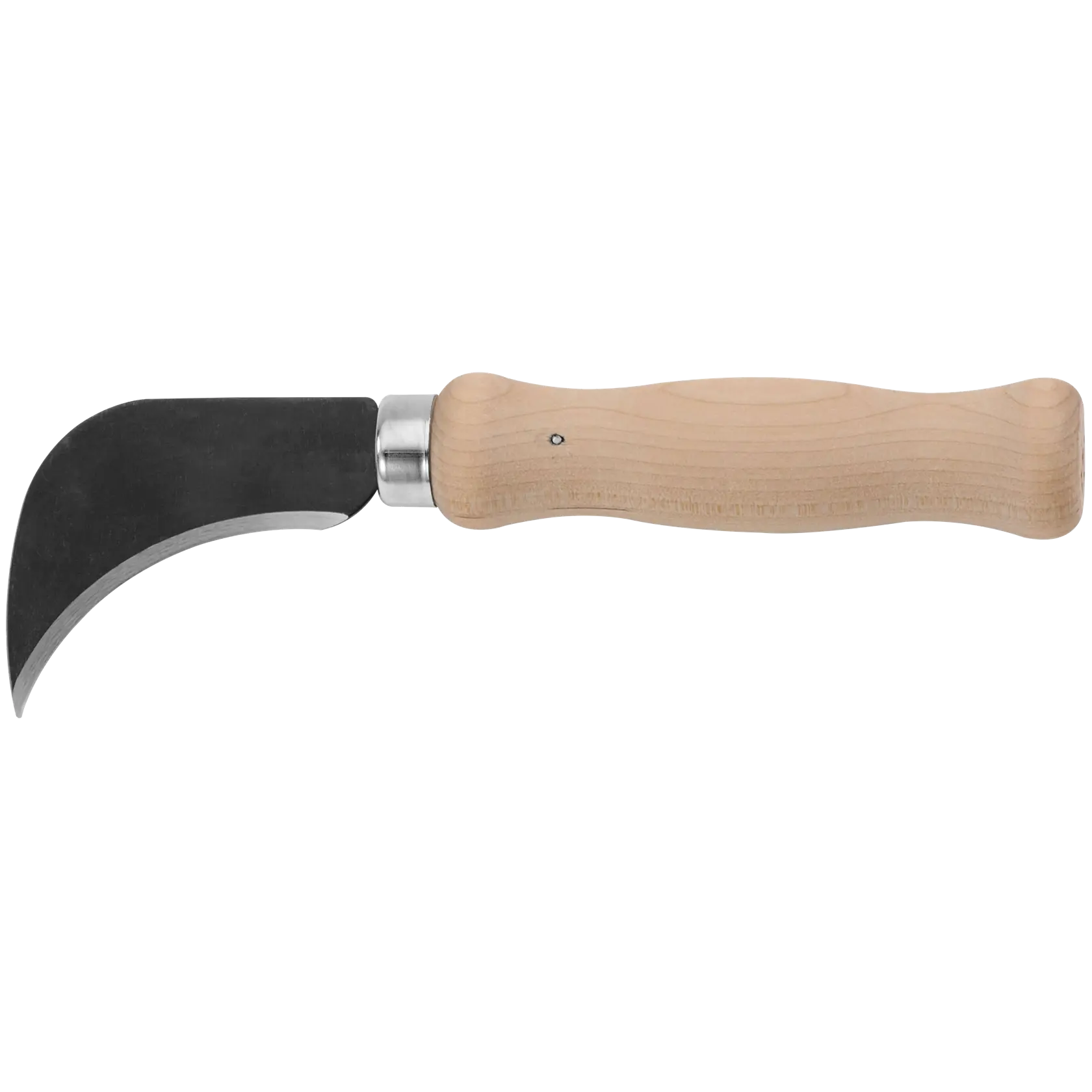 Stanley hooked garden knife with curved black blade and light wood handle, side view on white background.