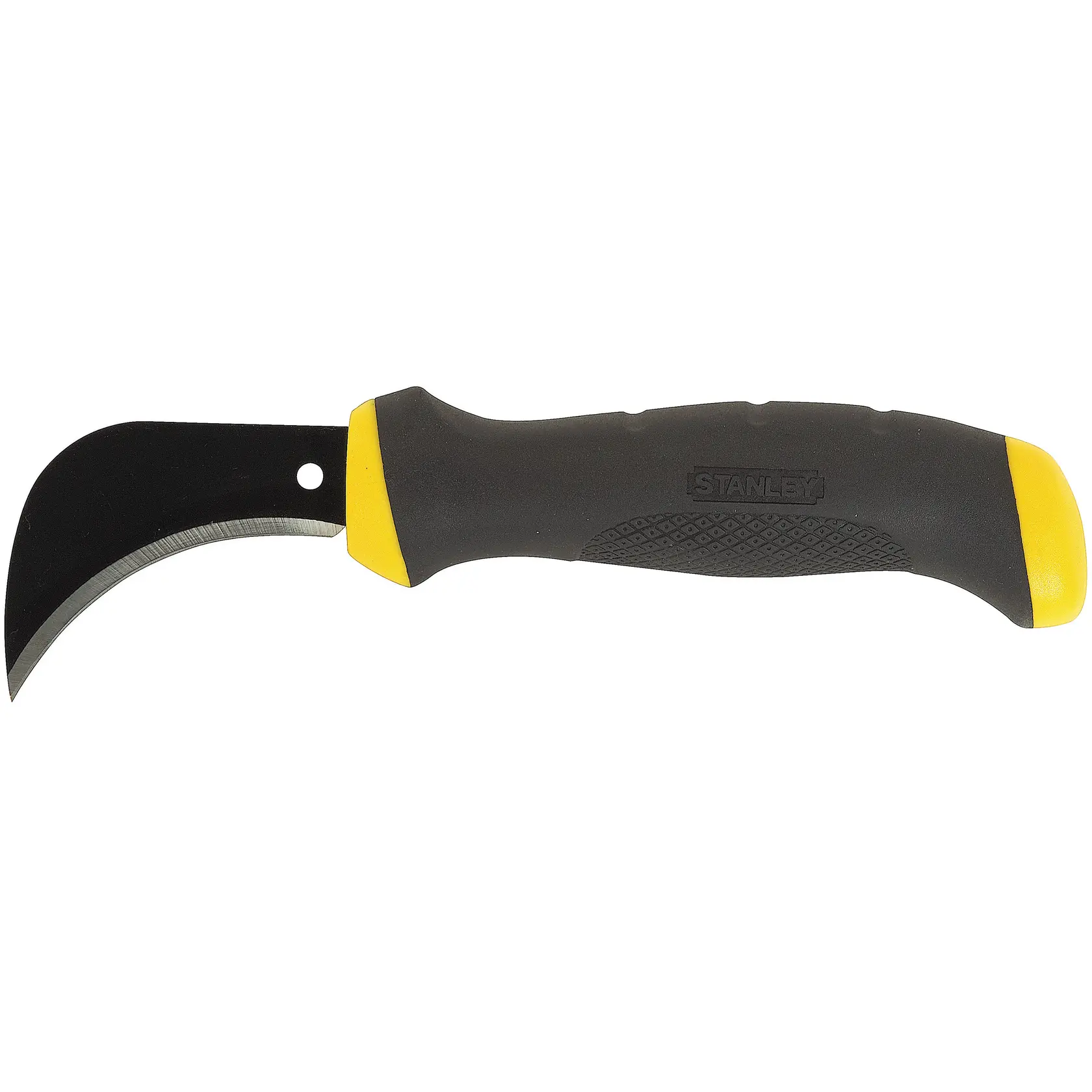STANLEY 10-510-KR, 10-510 curved pruning knife with black and yellow handle, side view, photography.