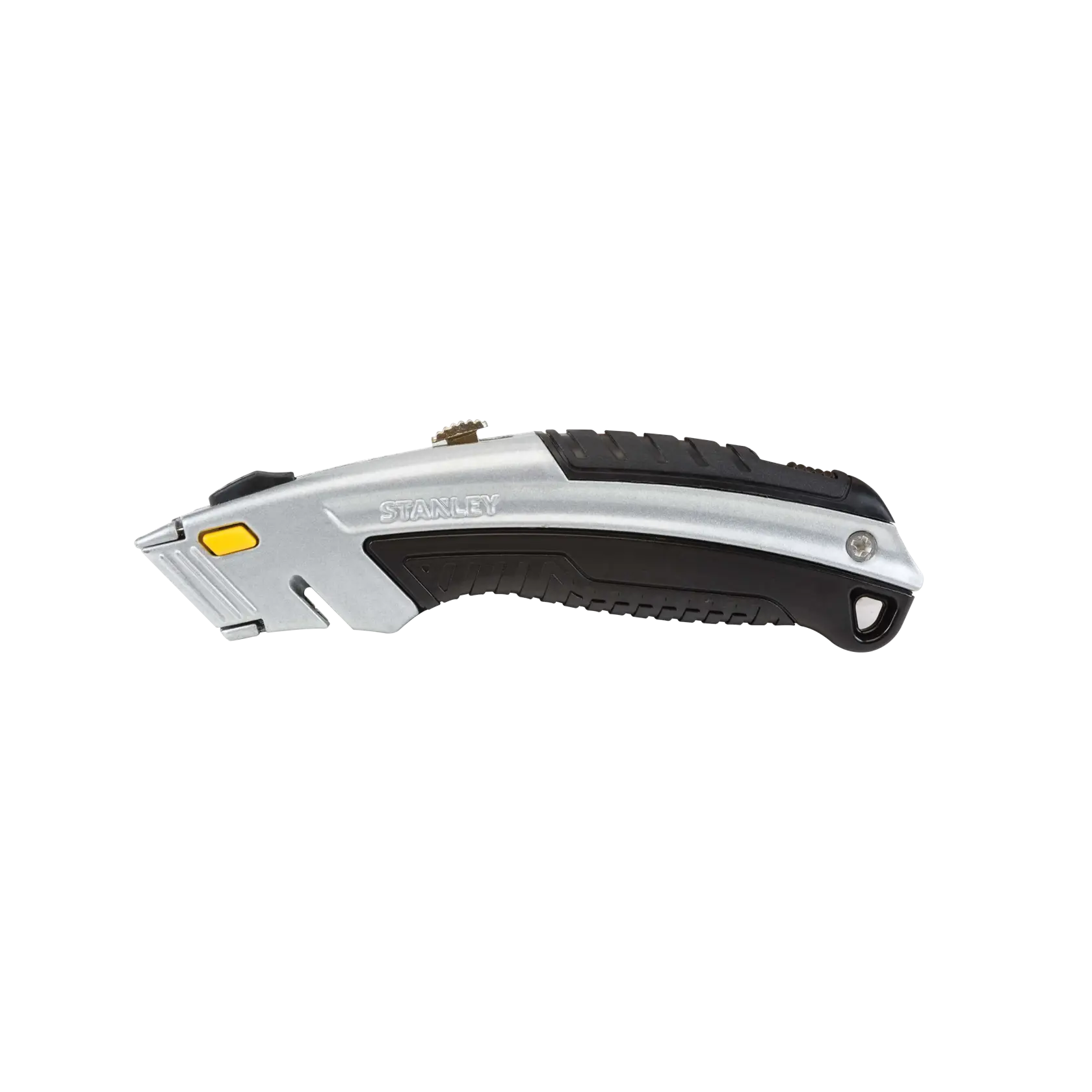 STANLEY utility knife with black and silver handle, yellow button, side view on white background