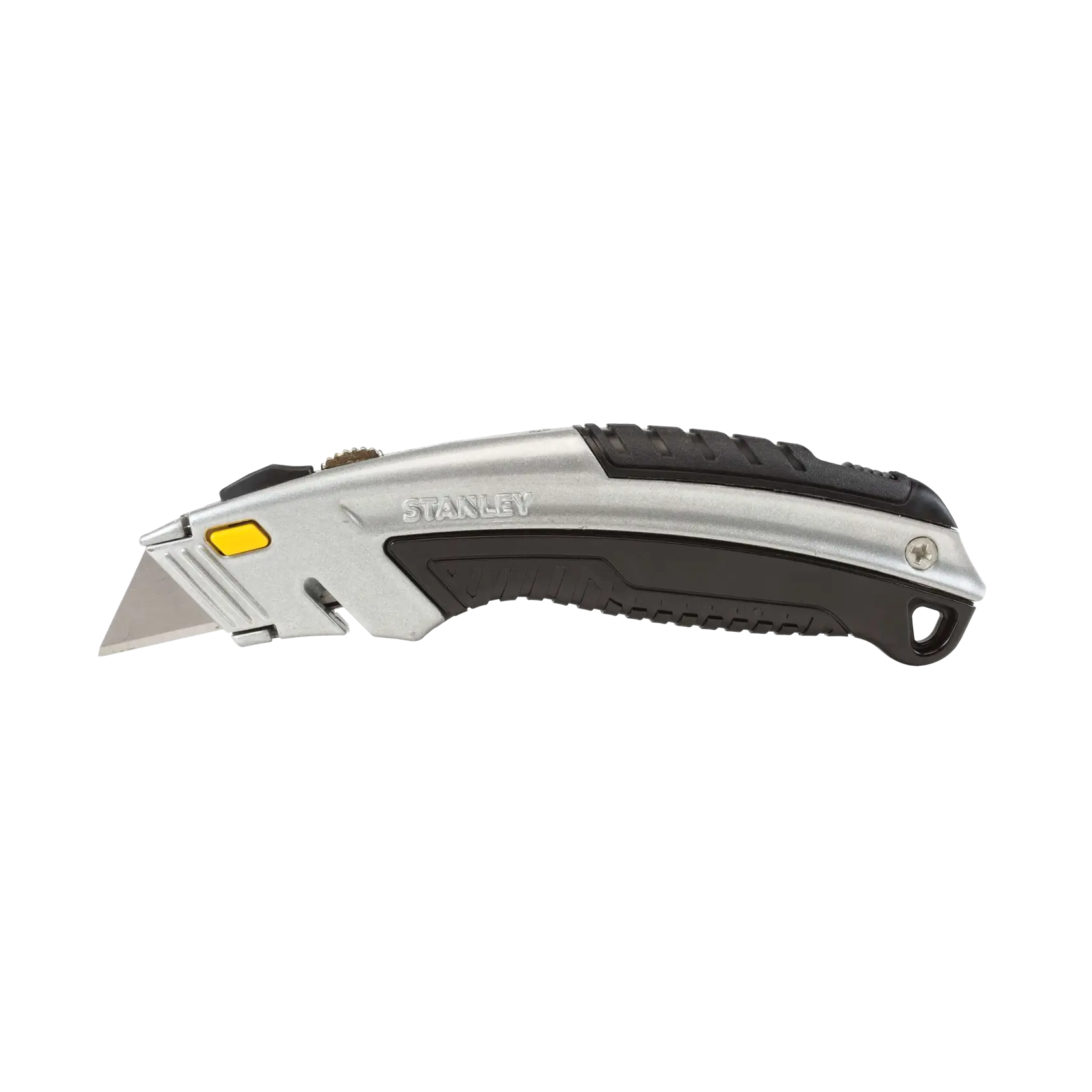 Stanley utility knife side view on white background, silver and black handle with yellow button and exposed blade