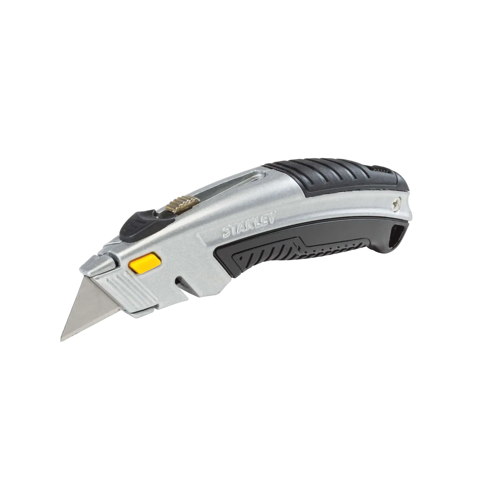 Stanley utility knife side angle, silver with black and yellow accents, ergonomic handle, exposed blade