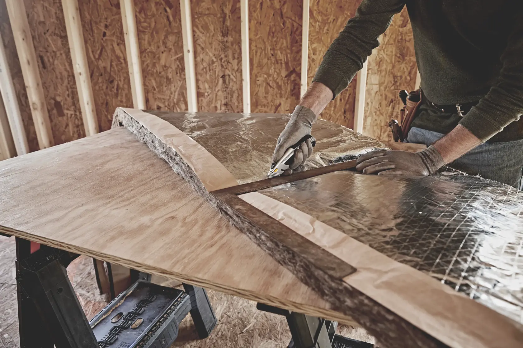 STANLEY 10-788 utility knife cutting insulation on plywood table, close-up photography.