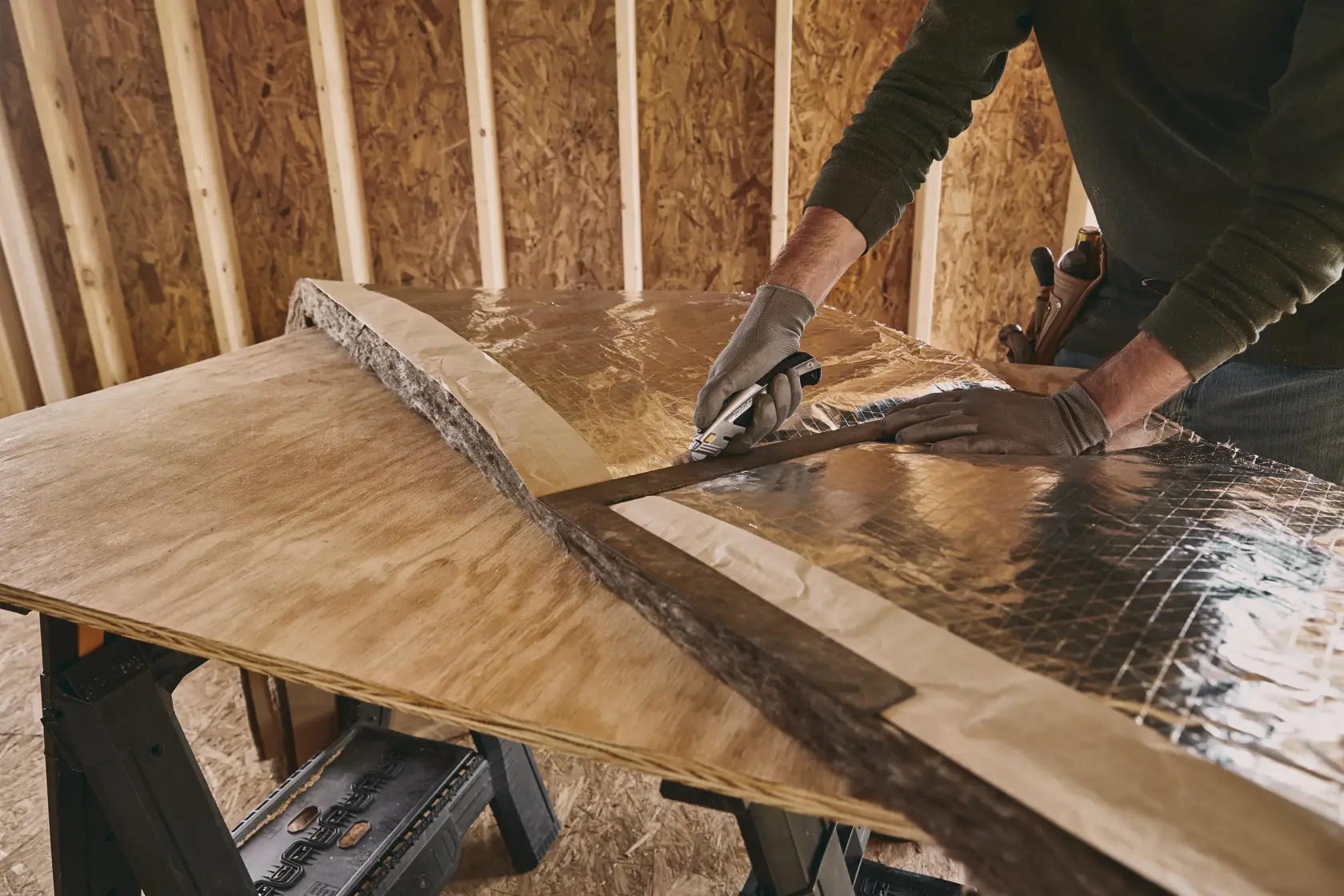 STANLEY 10-788 utility knife cutting reflective insulation on plywood in a workshop, side angle.
