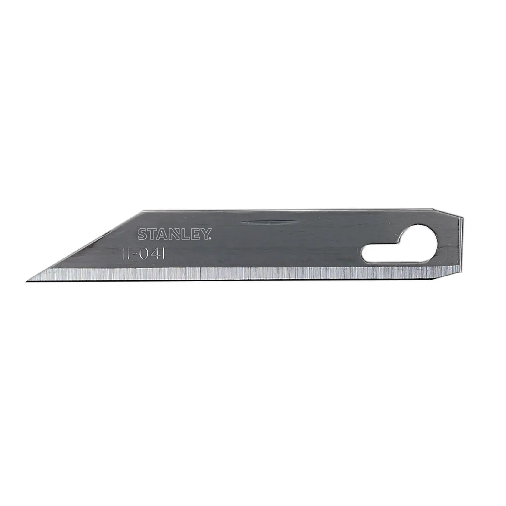 Stanley replacement utility knife blade, angled edge, side view on white background