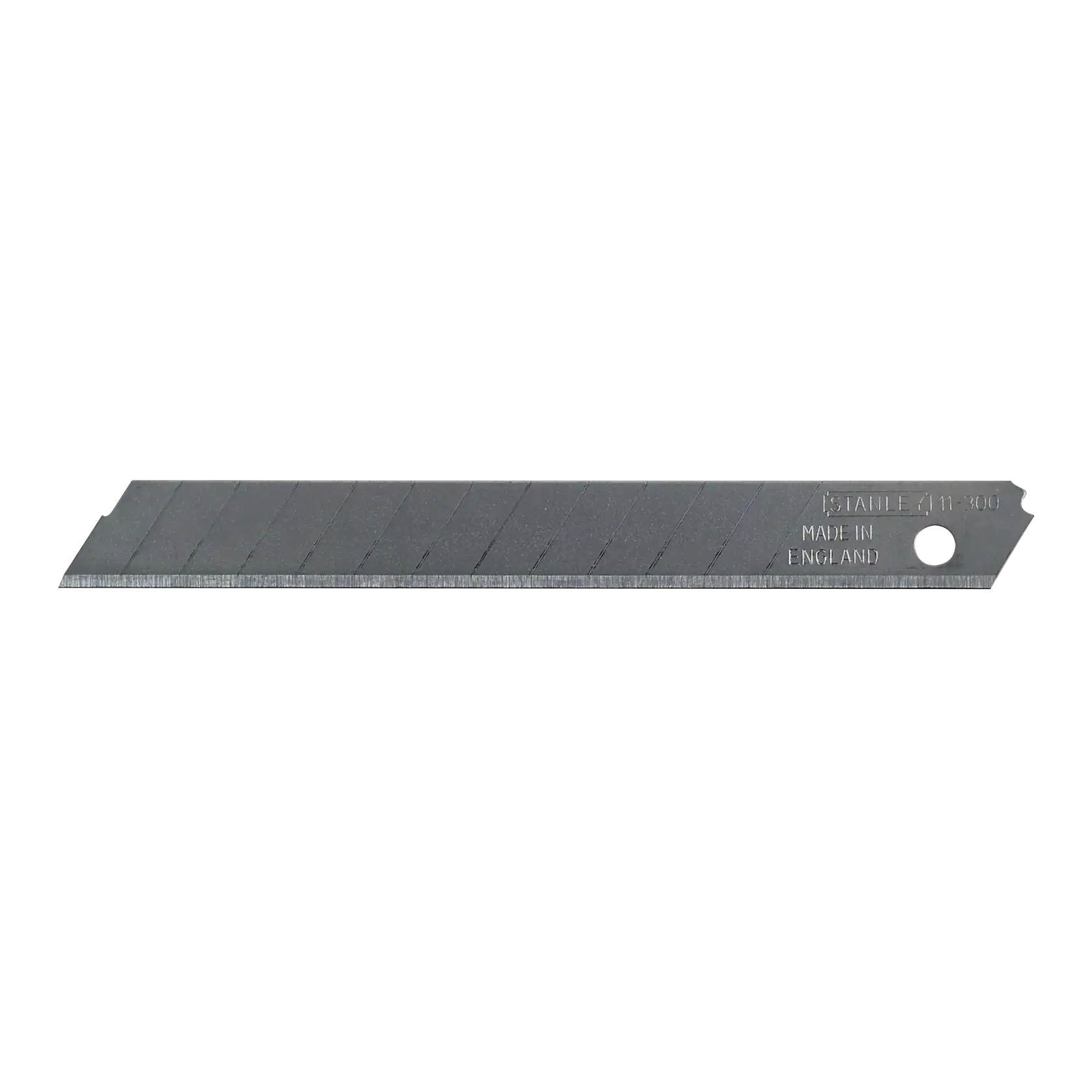 Stanley snap-off utility knife blade side view, metal segments with scoring lines on white background.