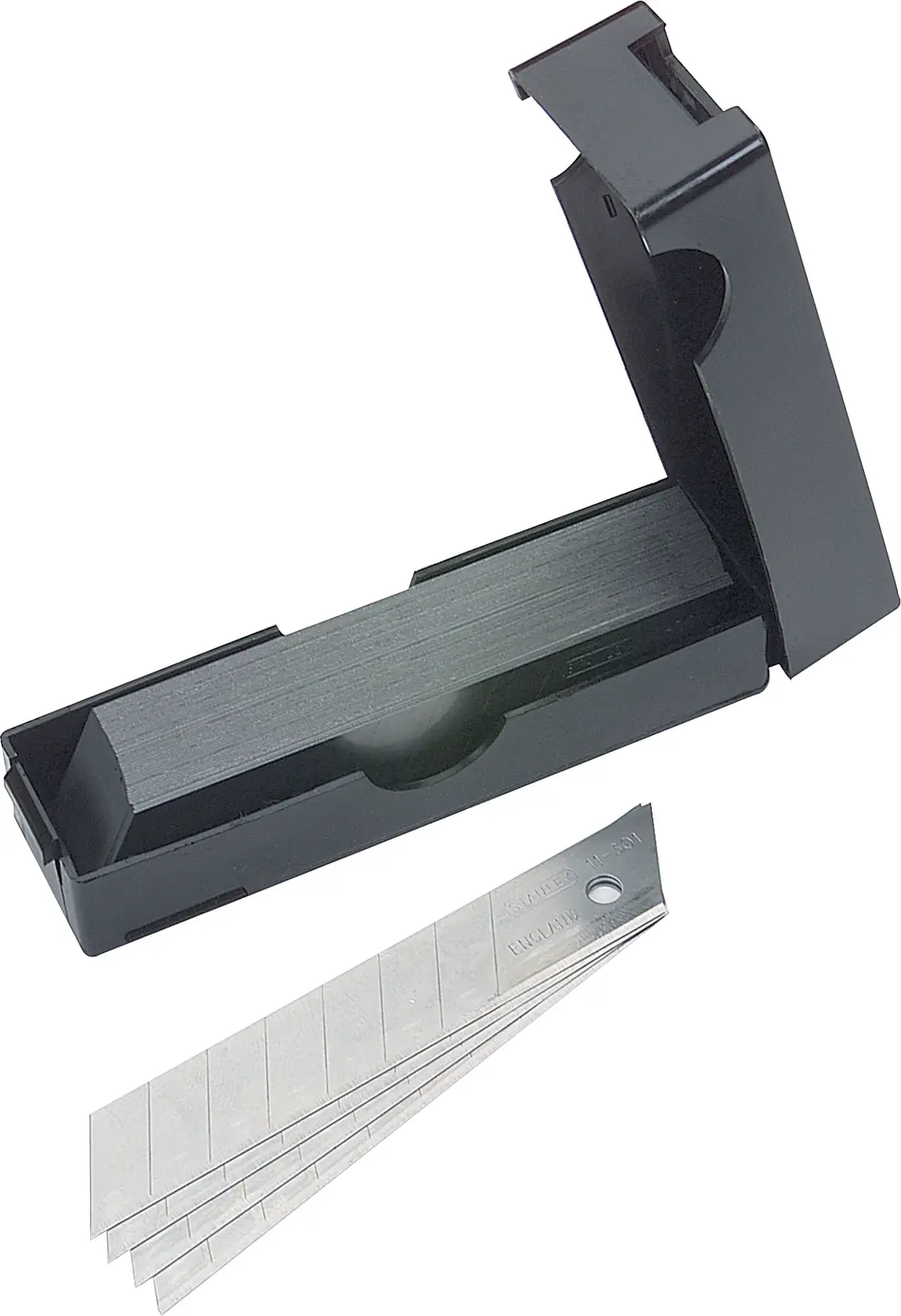 Stanley snap-off utility blades in black case, angled overhead shot, silver segmented blades visible