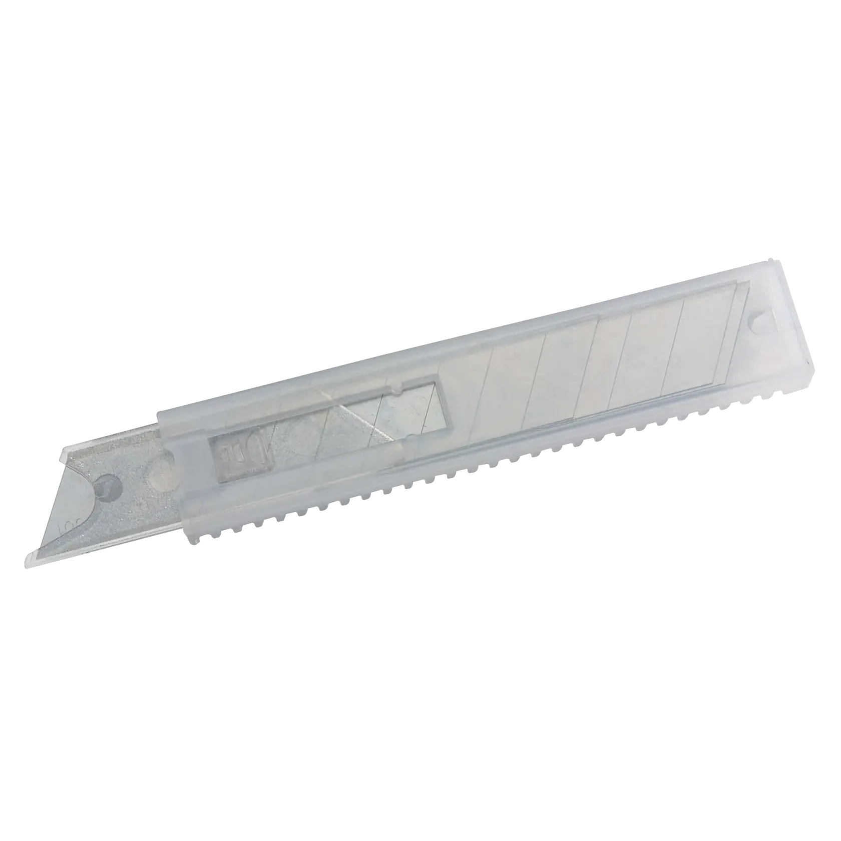 STANLEY snap-off utility knife blade pack in clear plastic case, angled view on white background