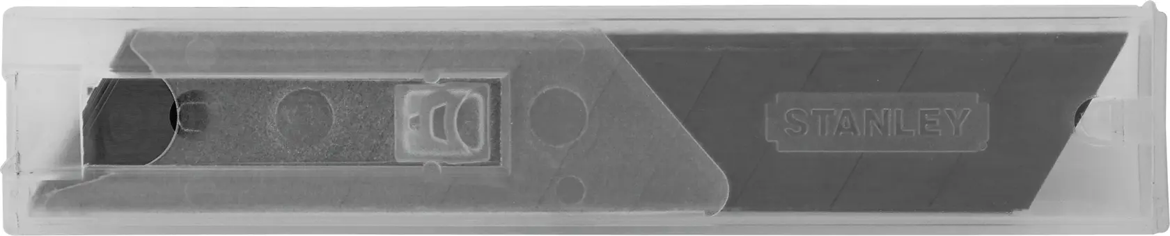 STANLEY 11-301T replacement utility blades in clear plastic case, side view on white background.