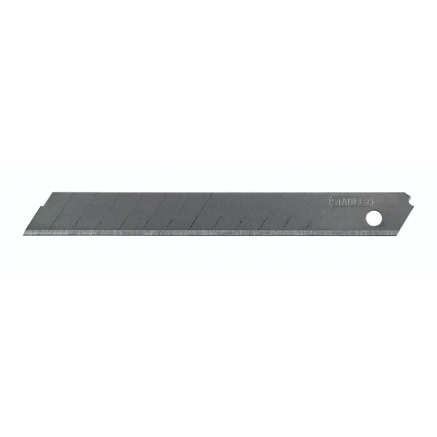 Stanley snap-off utility knife blade, straight angle, segmented metal design on white background