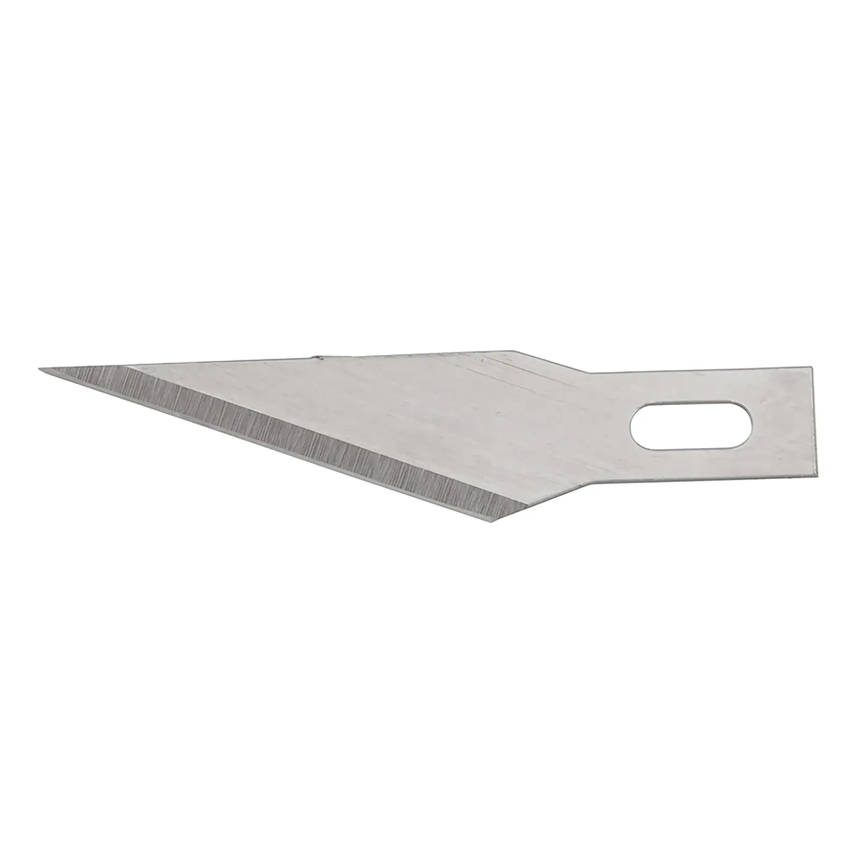 Stanley silver hobby knife blade with angled edge, side view on white background.