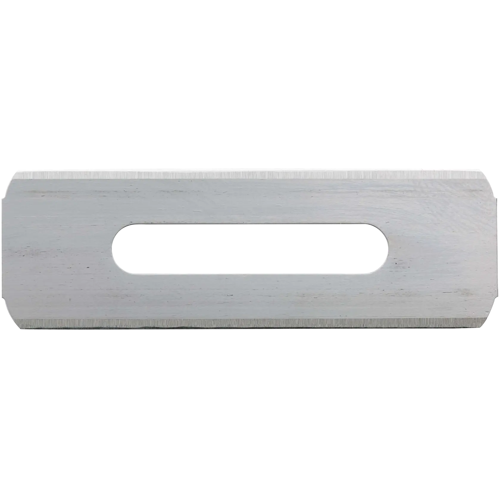 Stanley planer replacement blade, silver metal, rectangular, straight-on angle, single elongated slot center