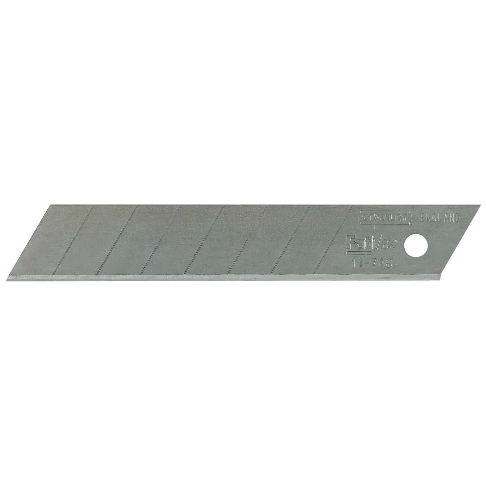 Stanley snap-off utility knife blade, silver metal, flat side view on white background