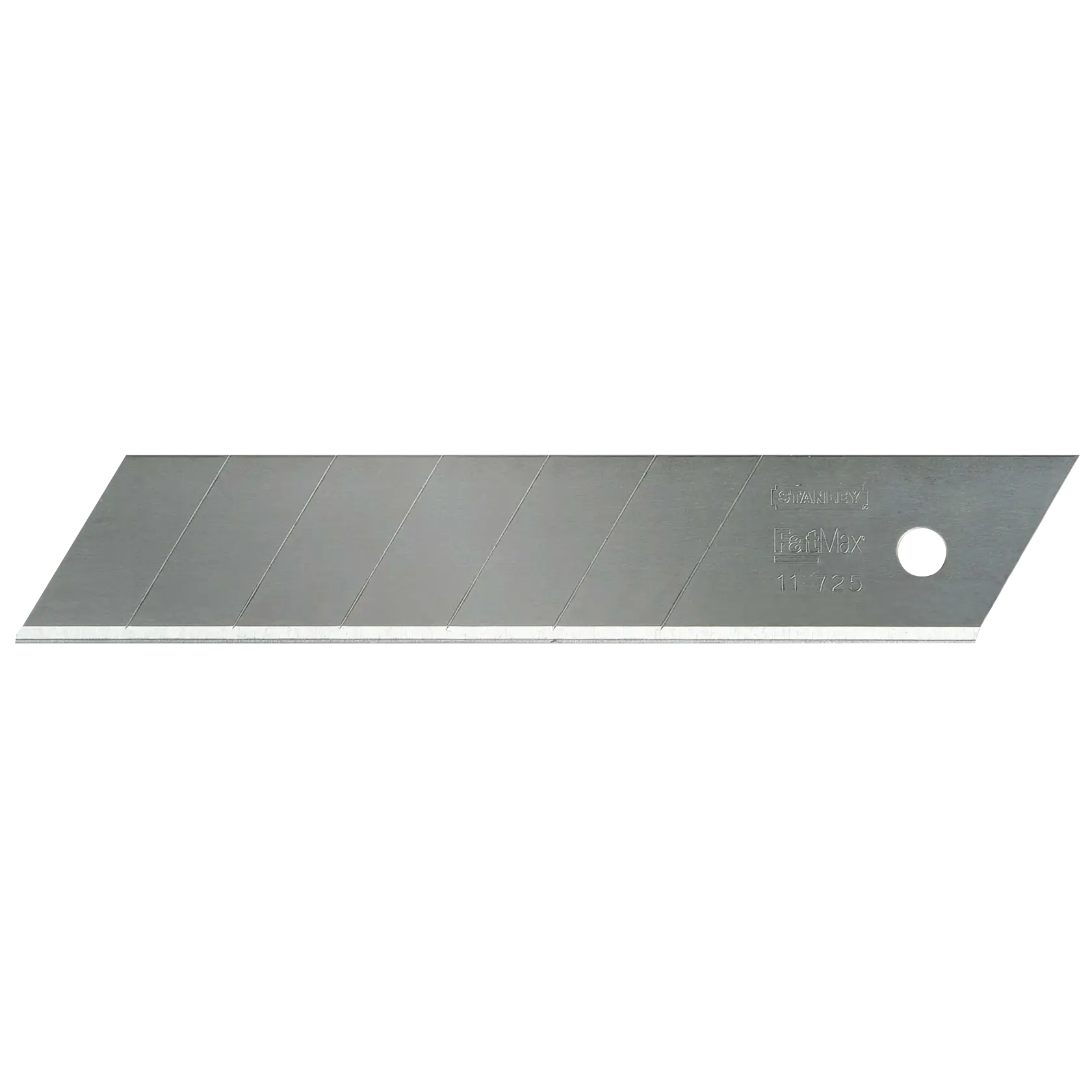 Stanley segmented utility knife blade, silver color, straight-on angle, single blade with snap-off sections