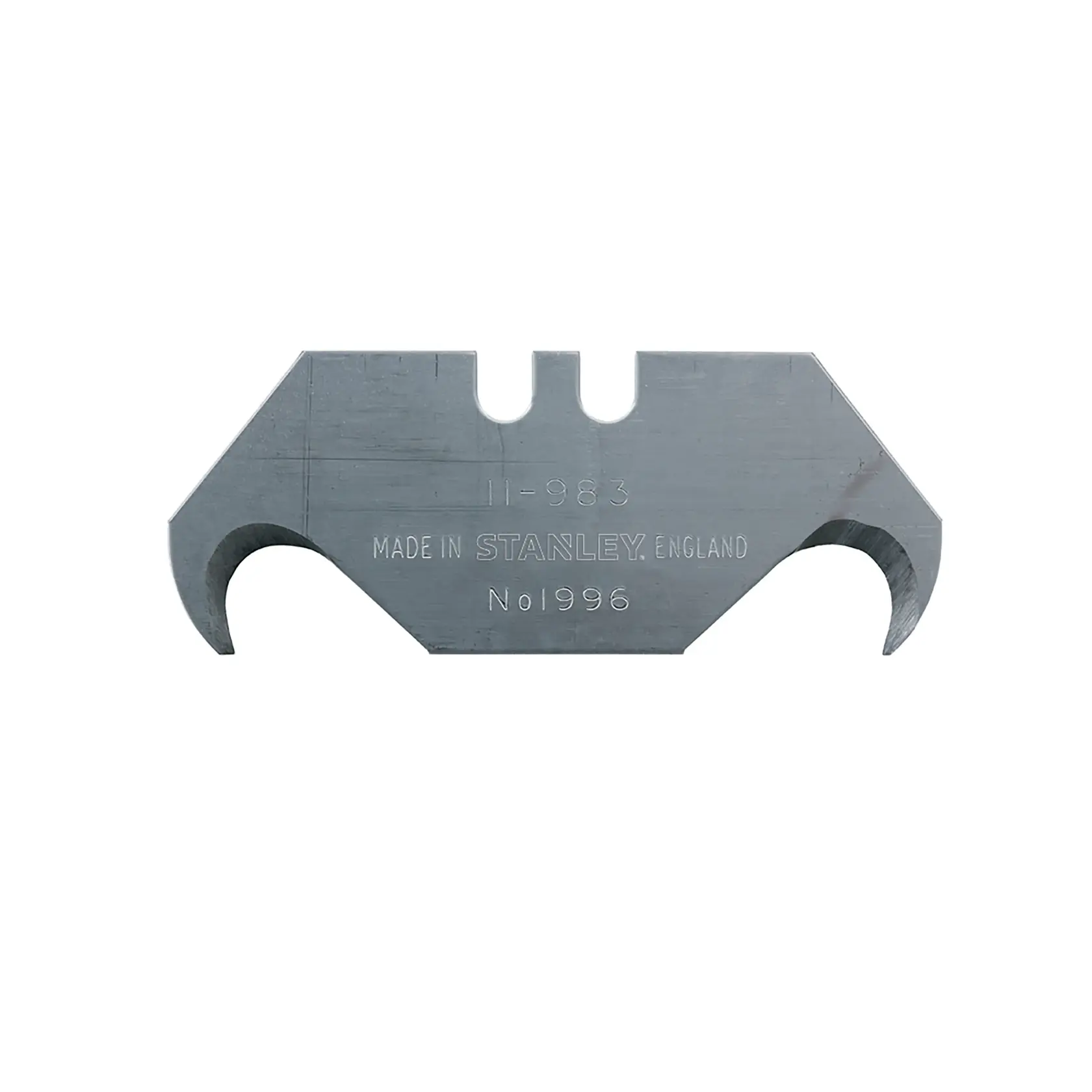 Front view of STANLEY steel linoleum knife blade with hooked ends, SKU 1996, on white background.