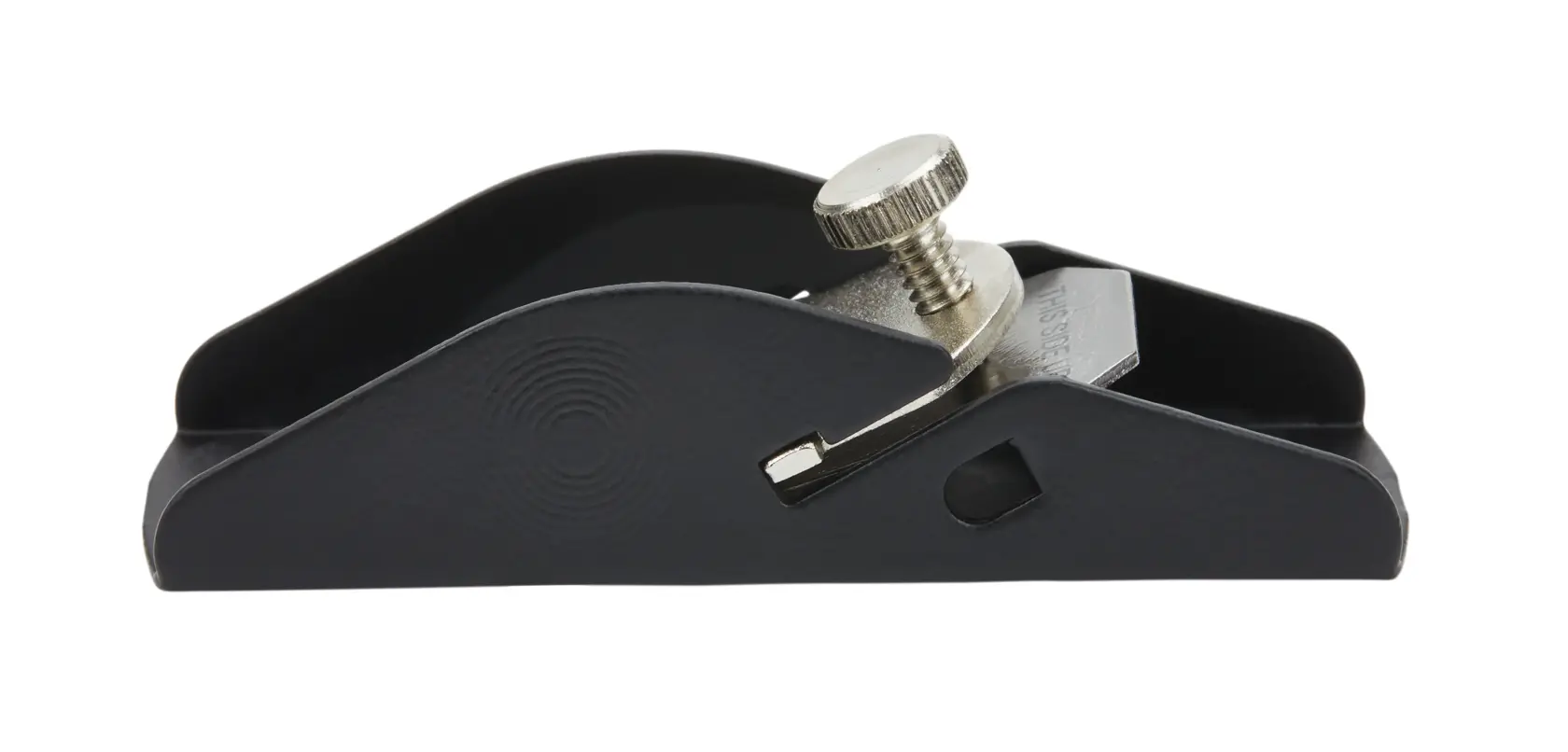 STANLEY block plane side view on white background, showing black metal body and silver adjustment knob