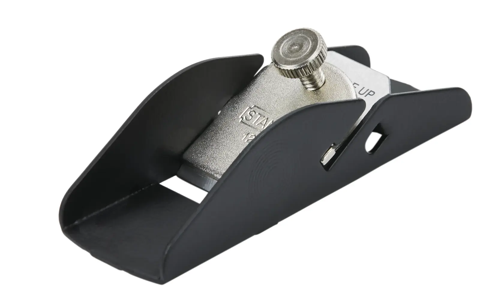 STANLEY block plane with metal body, side angle view, black and silver finish, white background