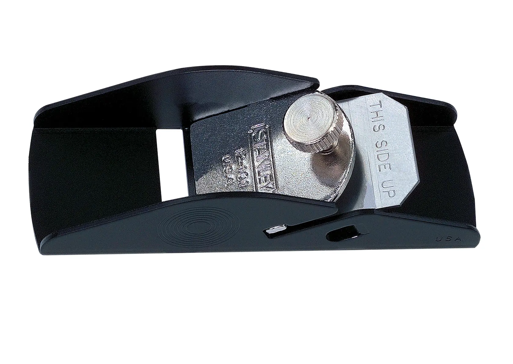 STANLEY 12-101 block plane, metal body, woodworking tool, top angle on white background.
