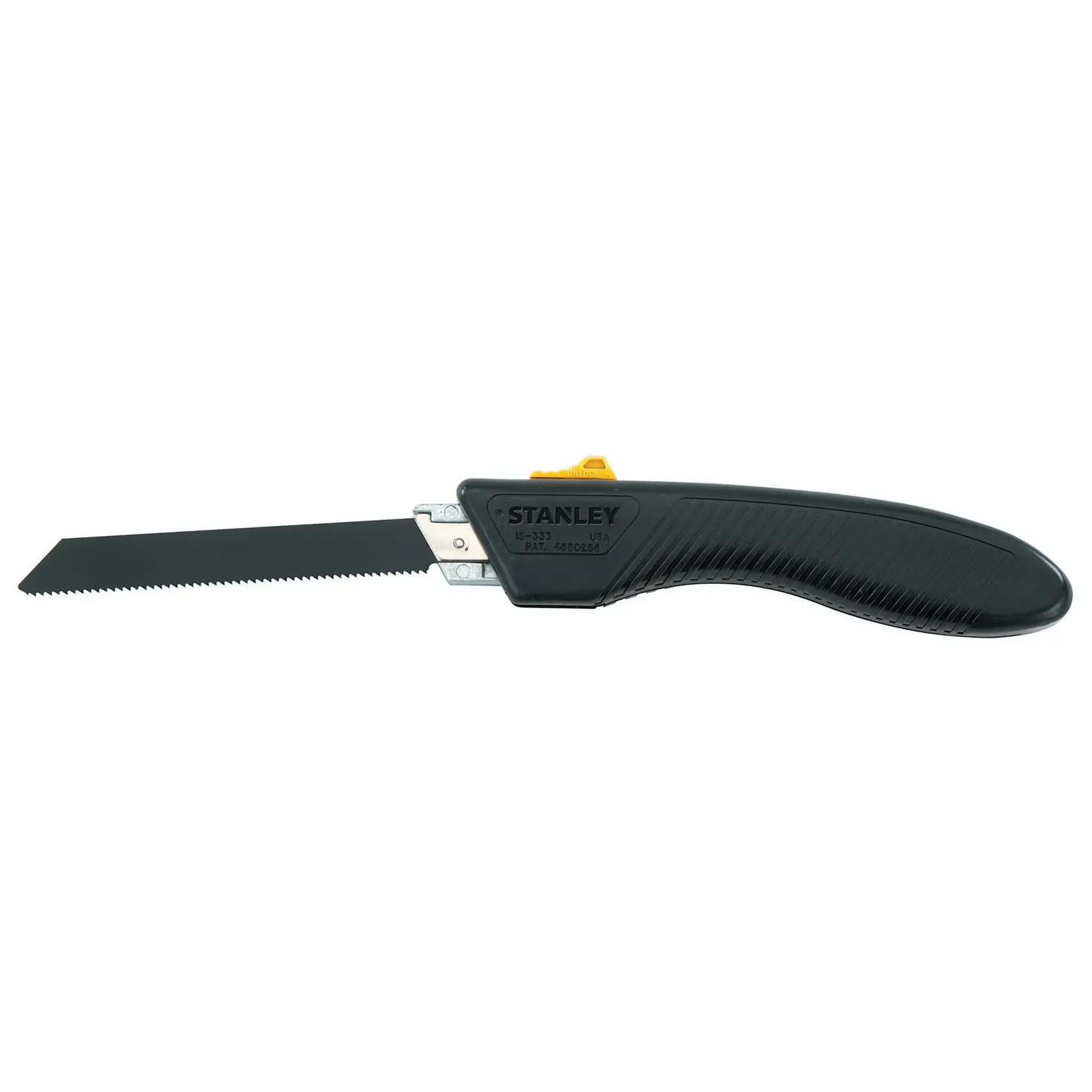 Stanley folding saw with black handle and serrated blade, side view on white background