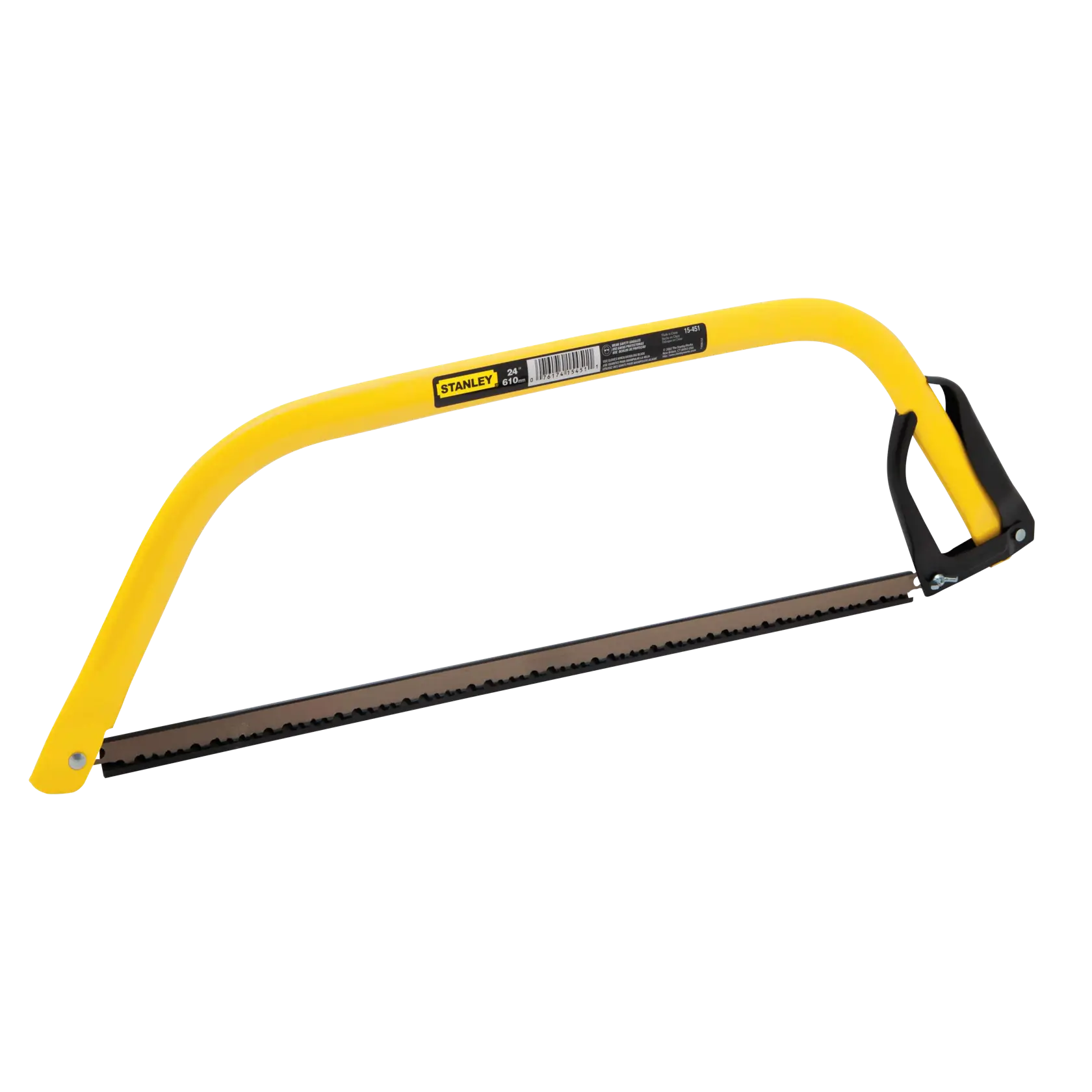 Stanley yellow bow saw with steel frame and serrated blade, photographed from the side on a white background.