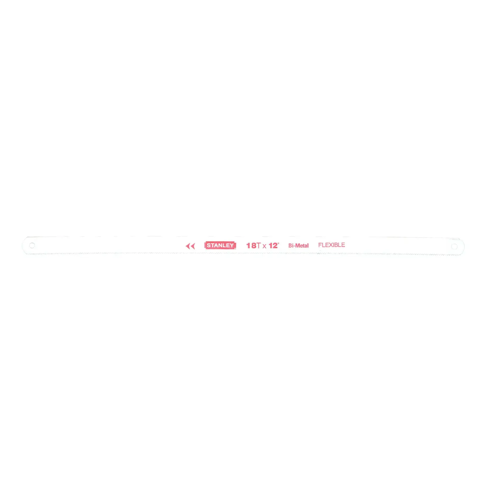 Stanley bi-metal flexible hacksaw blade, straight-on angle, 18T x 12 inch, white background