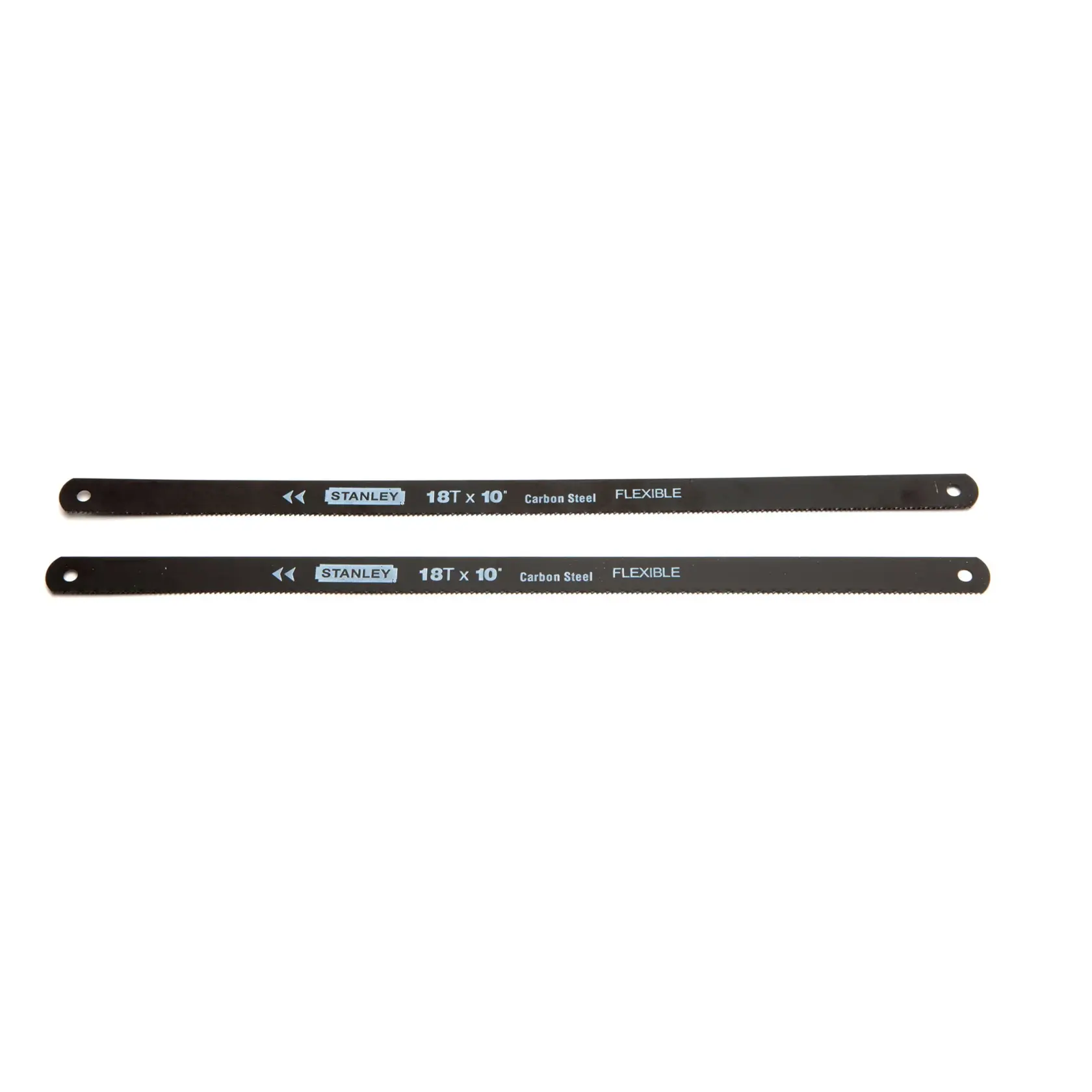 Stanley 18T x 10" flexible carbon steel hacksaw blades, set of two, flat lay on white background
