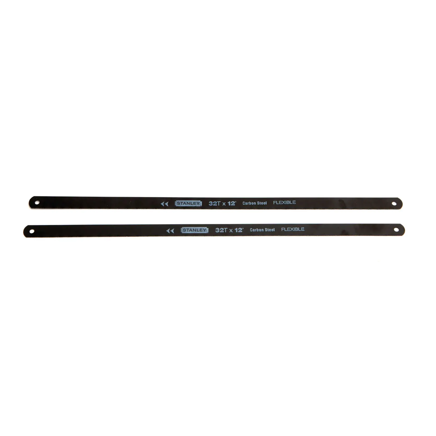Stanley flexible carbon steel hacksaw blades, 12-inch length, 32 teeth per inch, top-down angle on white background.