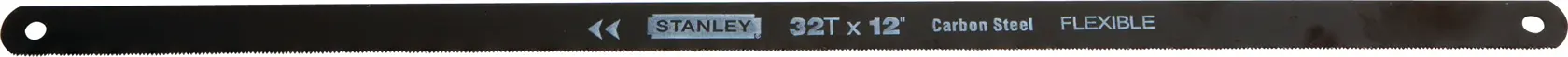 Photo of STANLEY 15-922A carbon steel flexible hacksaw blade, 32T x 12 inch, front angle, black color.