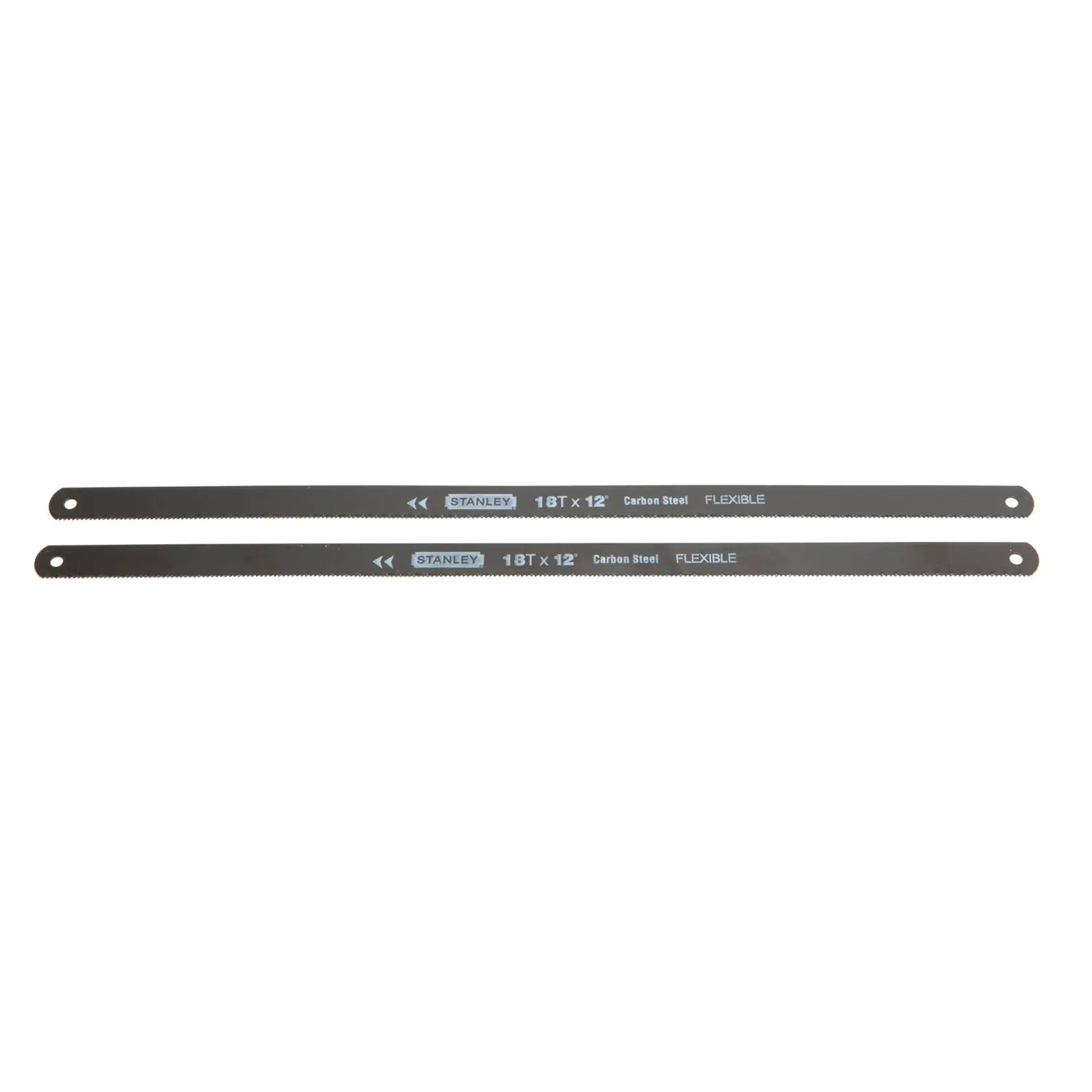 STANLEY 18T x 12 inch carbon steel flexible hacksaw blades, straight-on angle, white background