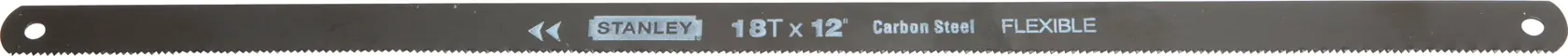 Stanley 15-928A carbon steel flexible hacksaw blade, front angle, black with white text.