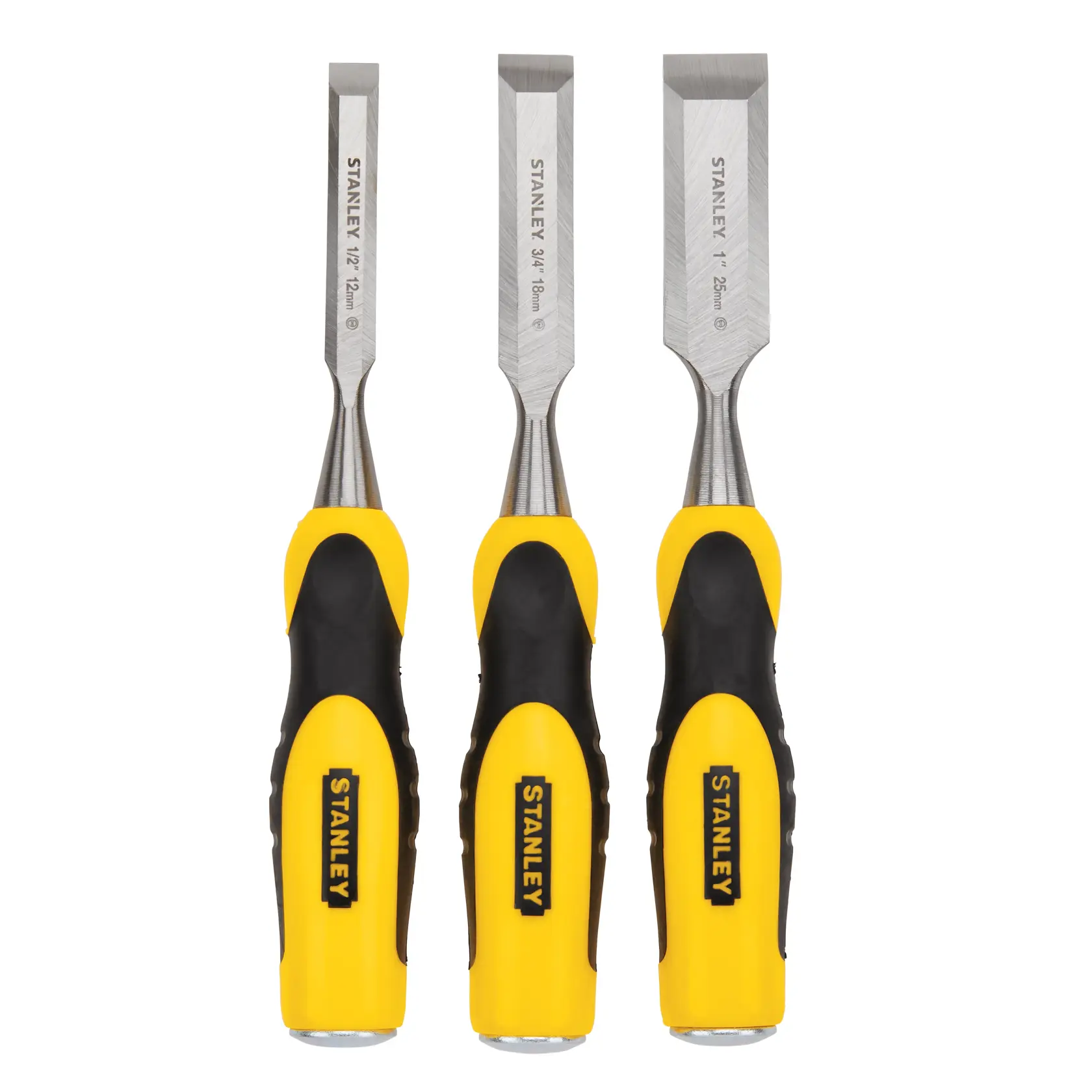 Stanley chisel set front view, three sizes, yellow and black handles, stainless steel blades on white background