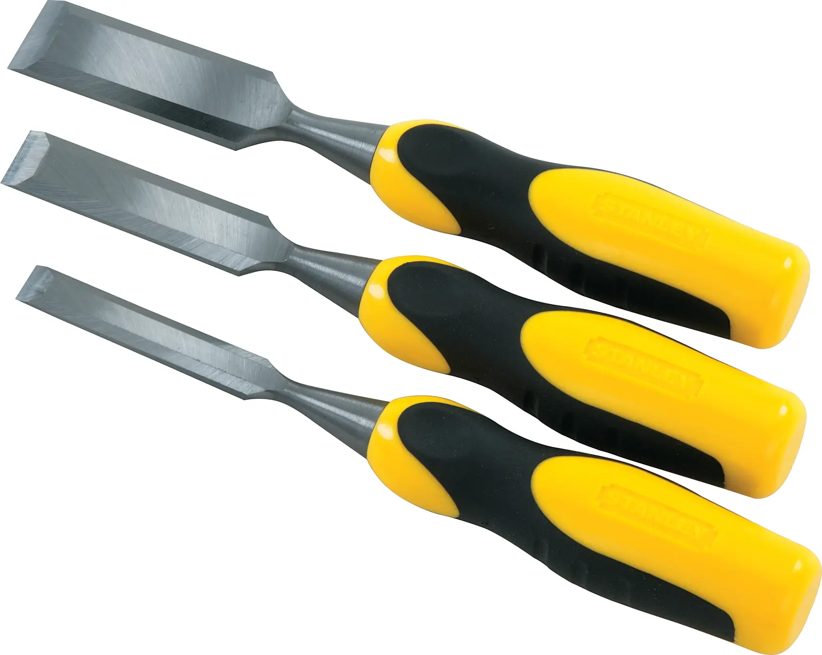 Stanley 16-300 chisel set with yellow and black handles, top angle, on white background.