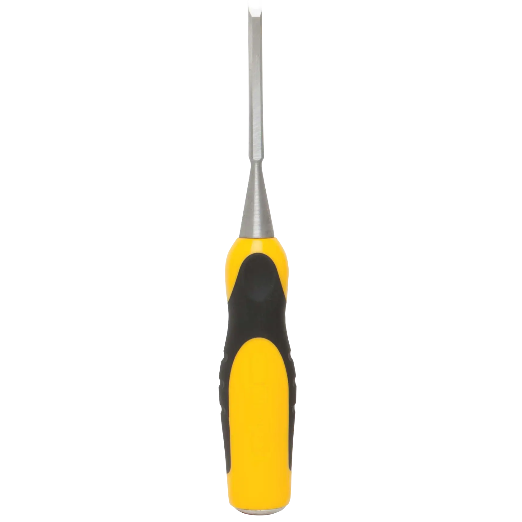 Stanley flathead screwdriver front view with yellow and black ergonomic handle on white background