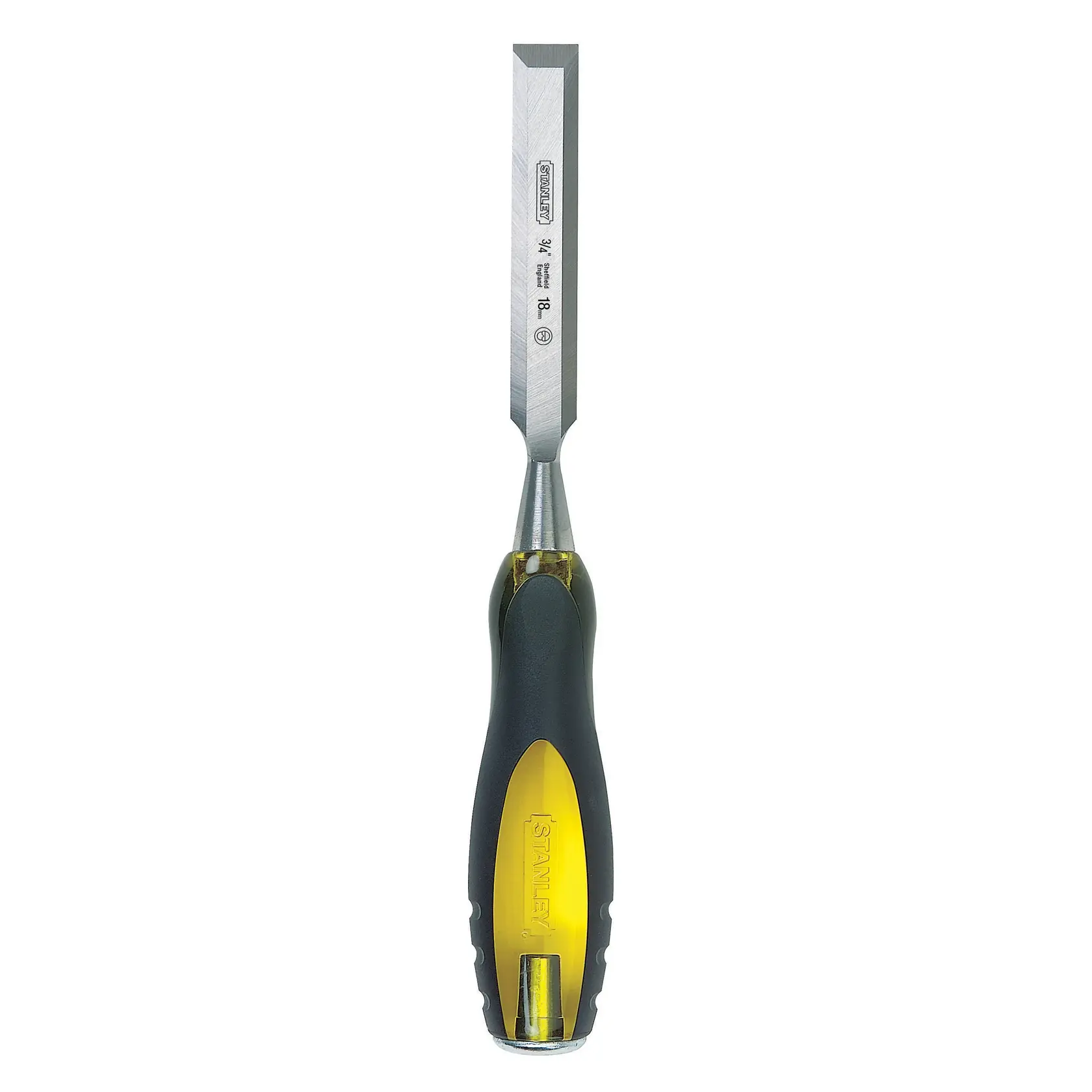 Stanley wood chisel with beveled steel blade and black and yellow ergonomic handle, front view on white background