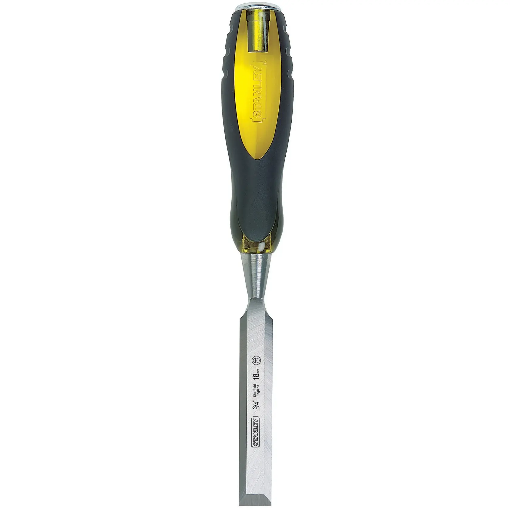 STANLEY wood chisel with yellow and black ergonomic handle, front angle on white background