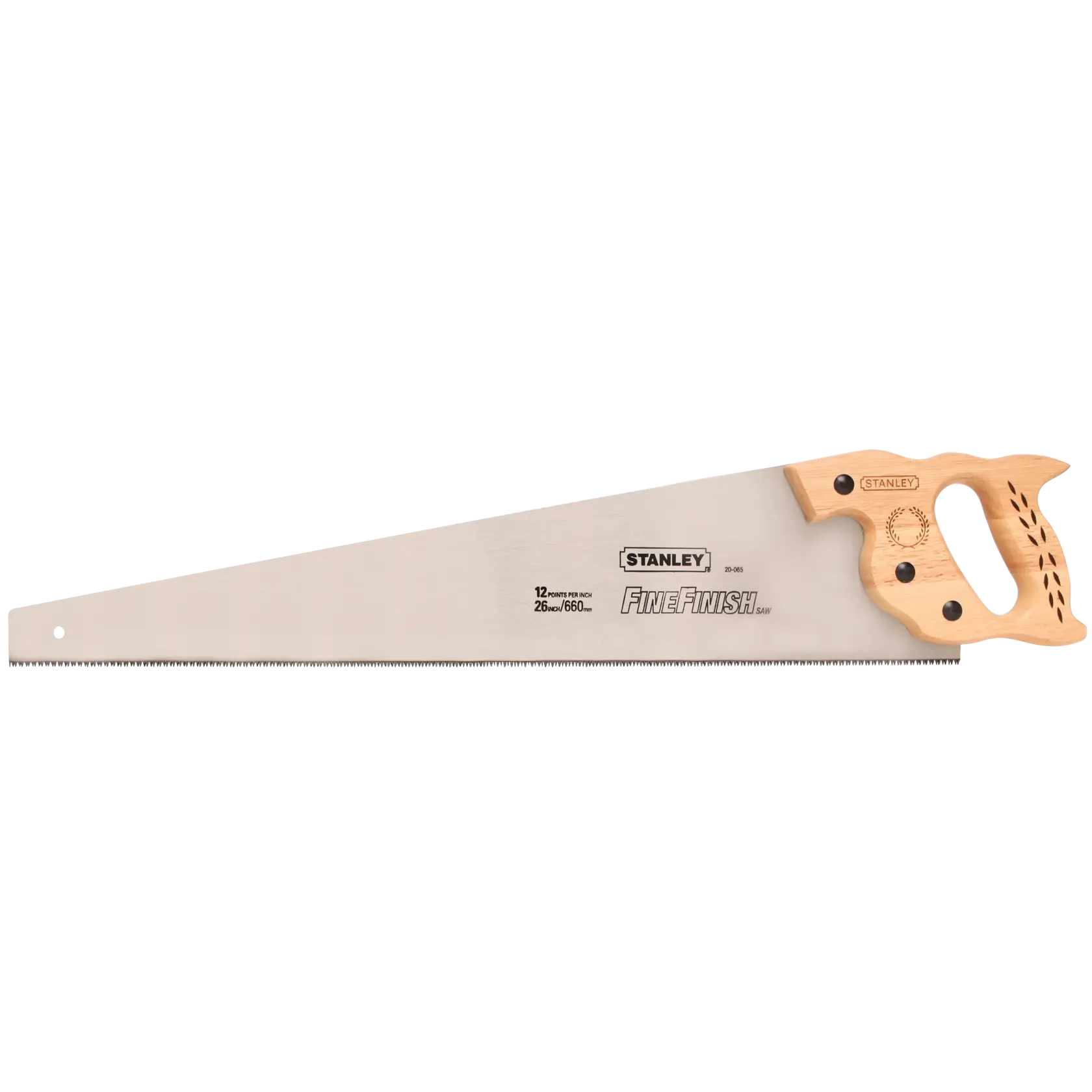 Stanley Fine Finish hand saw, side angle, with wooden handle and sharp blade on white background