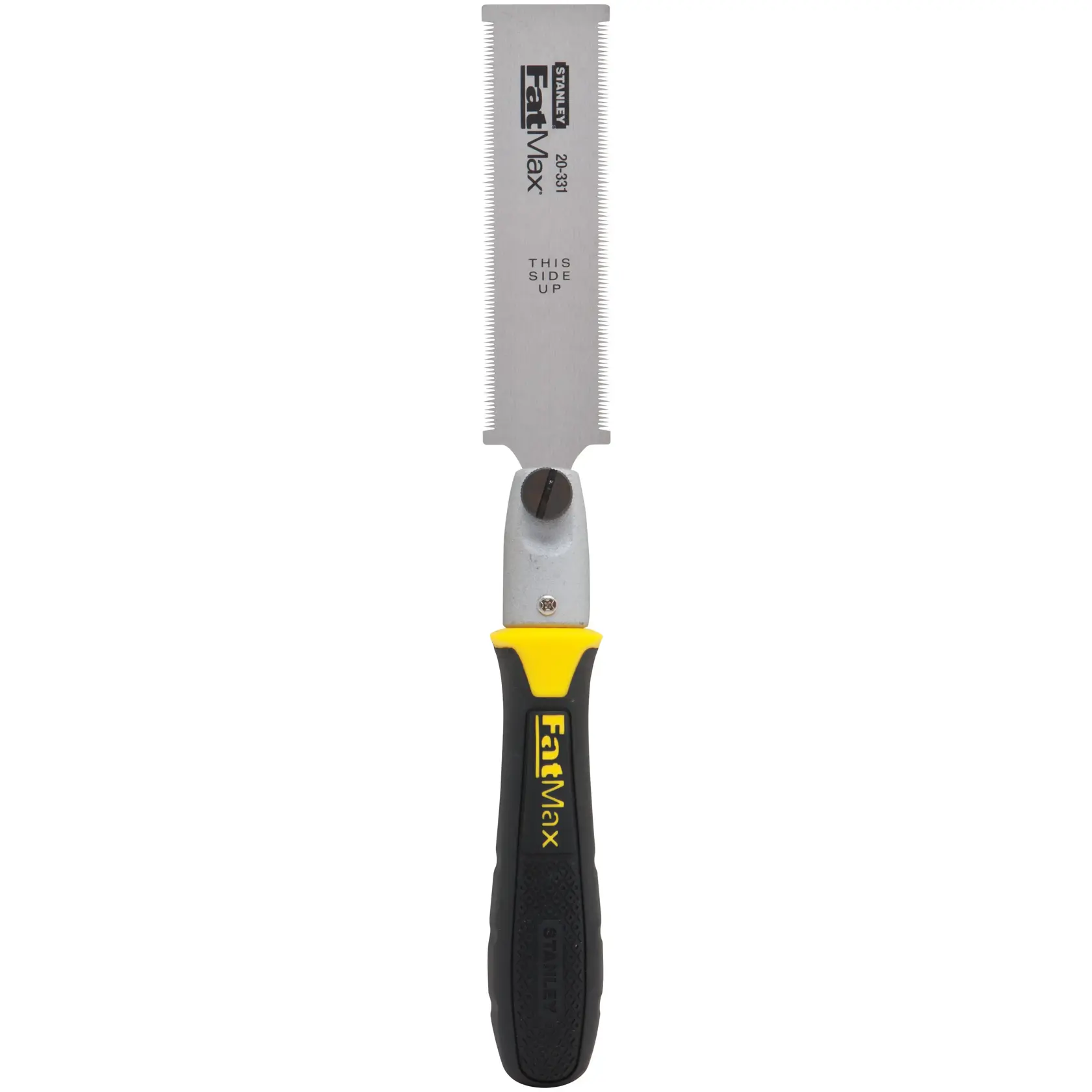 Stanley FatMax flush cut saw with black and yellow handle, straight blade, front view on white background.