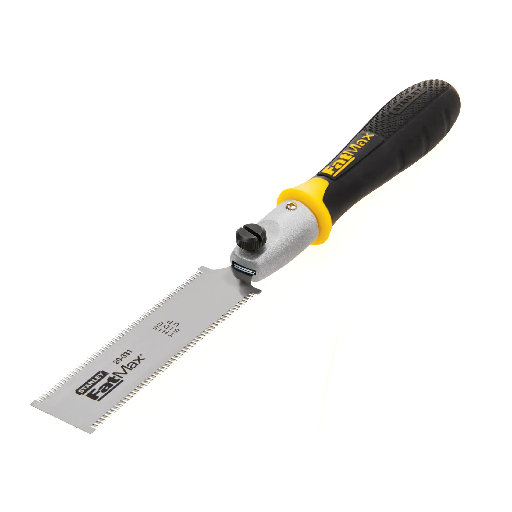 Stanley FatMax folding hand saw with black and yellow ergonomic handle, angled on white background