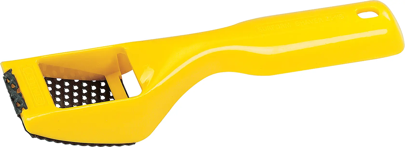STANLEY 21-115 yellow surform shaver, side angle, plastic body with metal blade, hand tool.