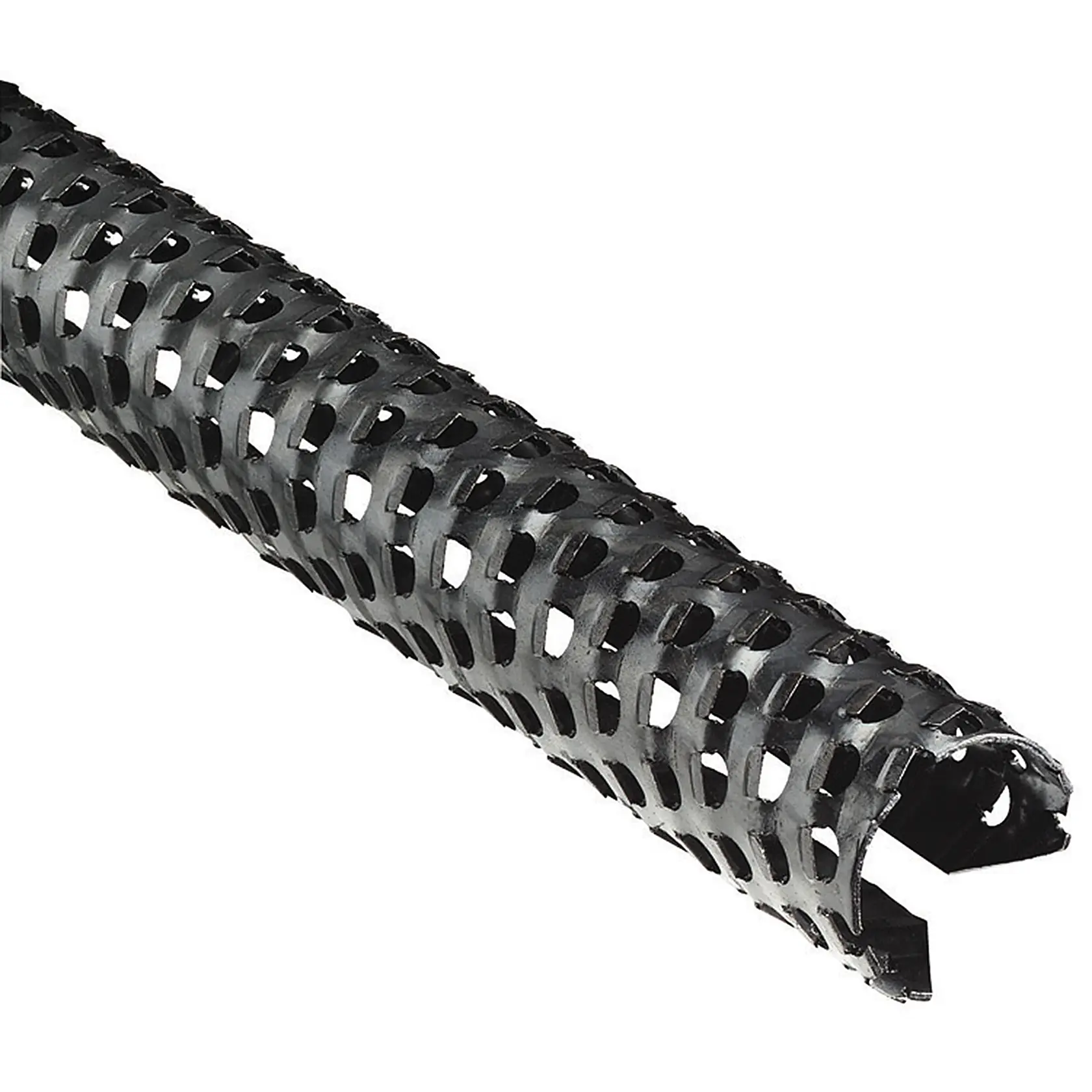 Stanley black flexible perforated pipe shown in angled view on white background