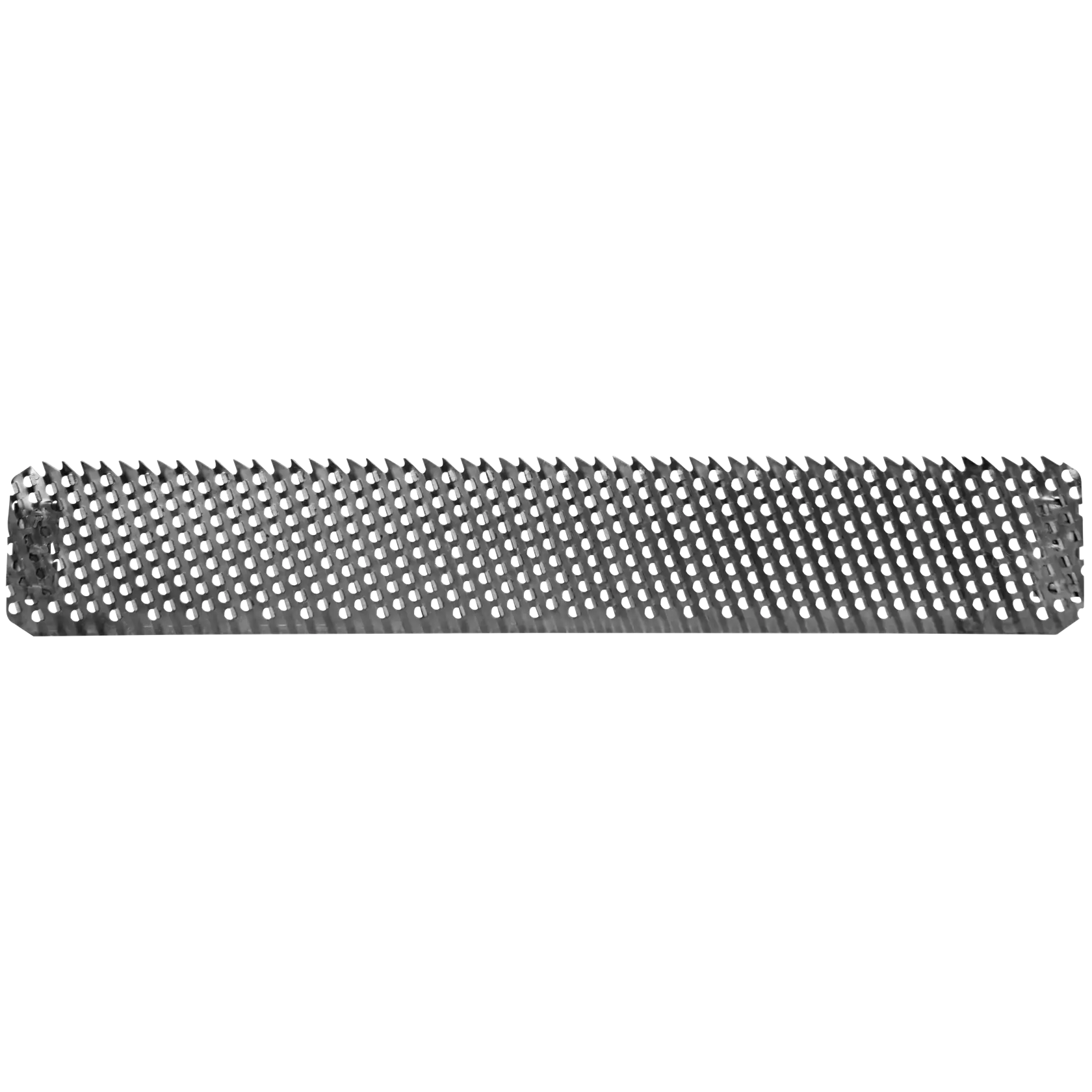 Stanley flat rasp blade with sharp metal teeth and perforated pattern, front angle on white background