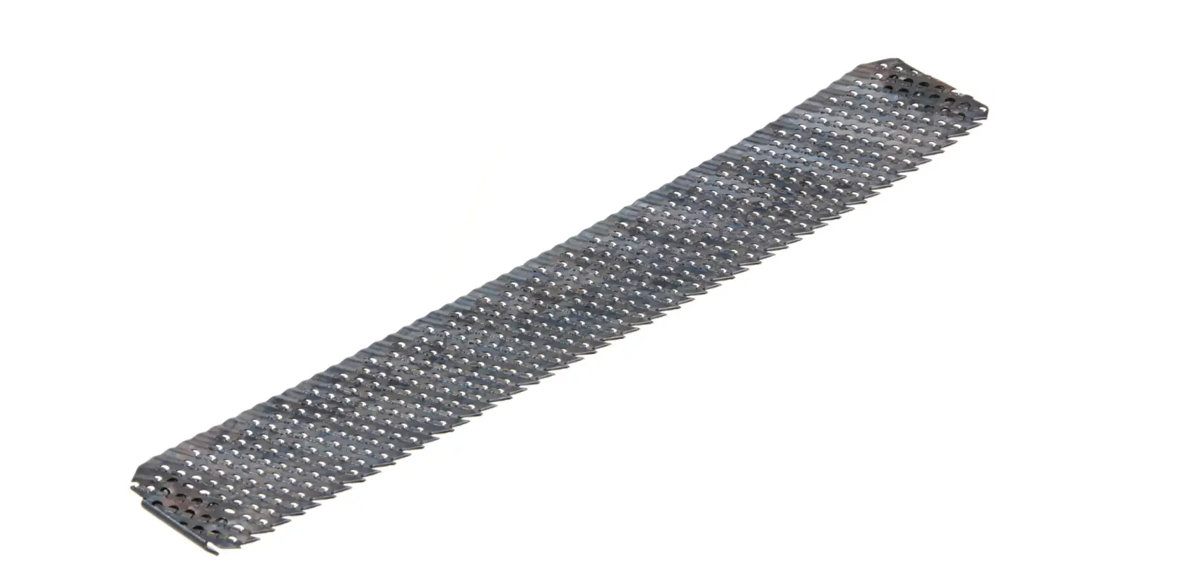 Stanley replacement surform blade, flat metal file with perforated pattern, top view on white background.