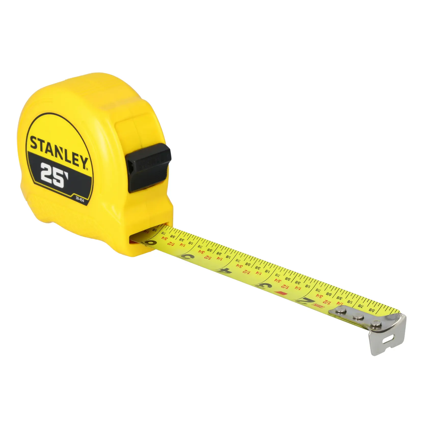 A yellow Stanley 25-foot tape measure with its measuring blade partially extended, used for measuring distances in photography and construction.