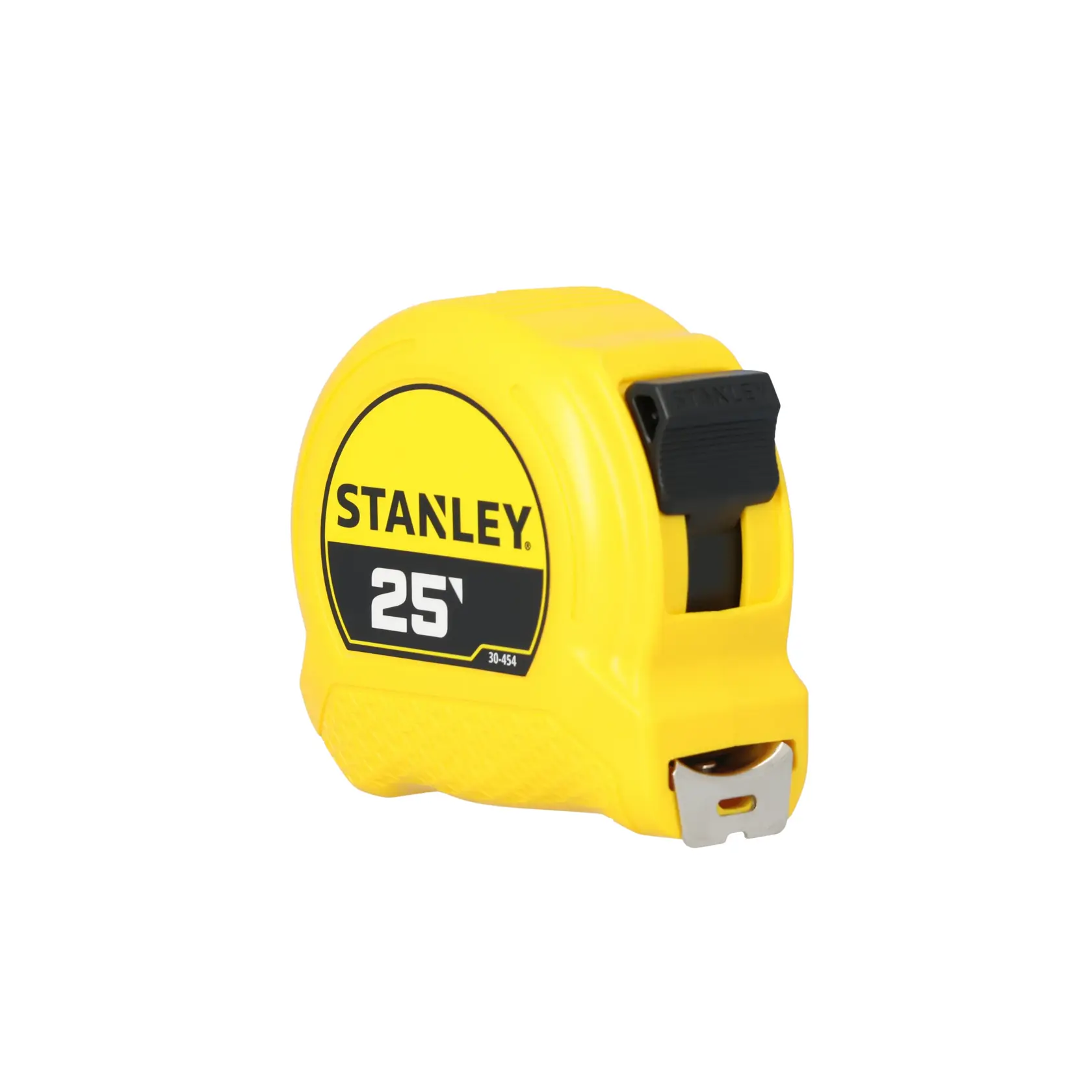 A yellow 25-foot STANLEY tape measure, model 30-454, with a black locking button and metal hook at the end.