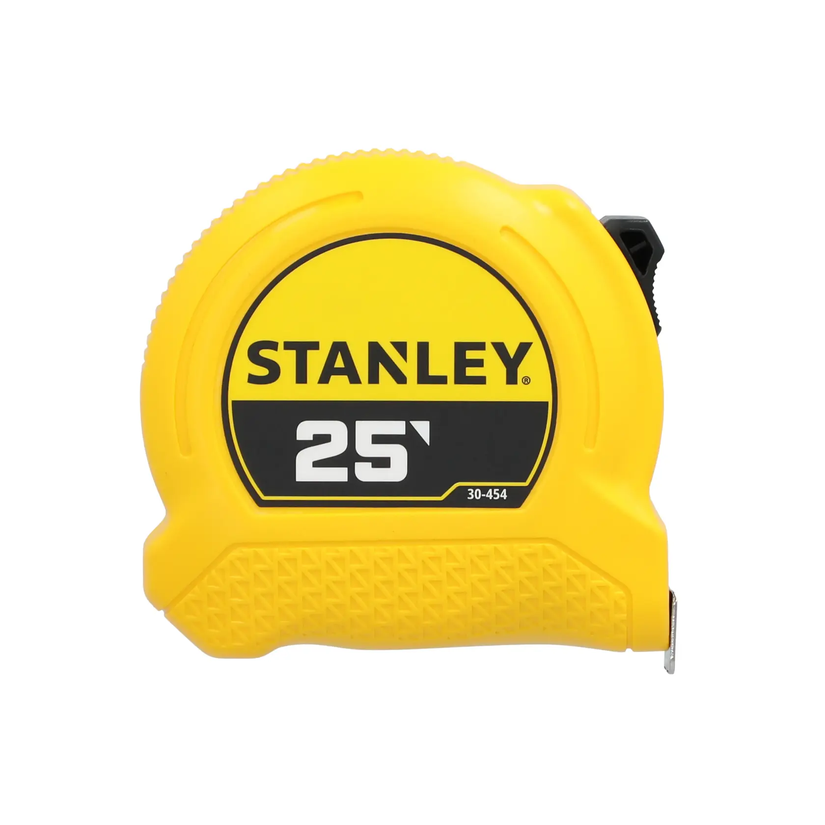 A yellow STANLEY brand 25-foot tape measure, model number 30-454, with black detailing and a textured grip.