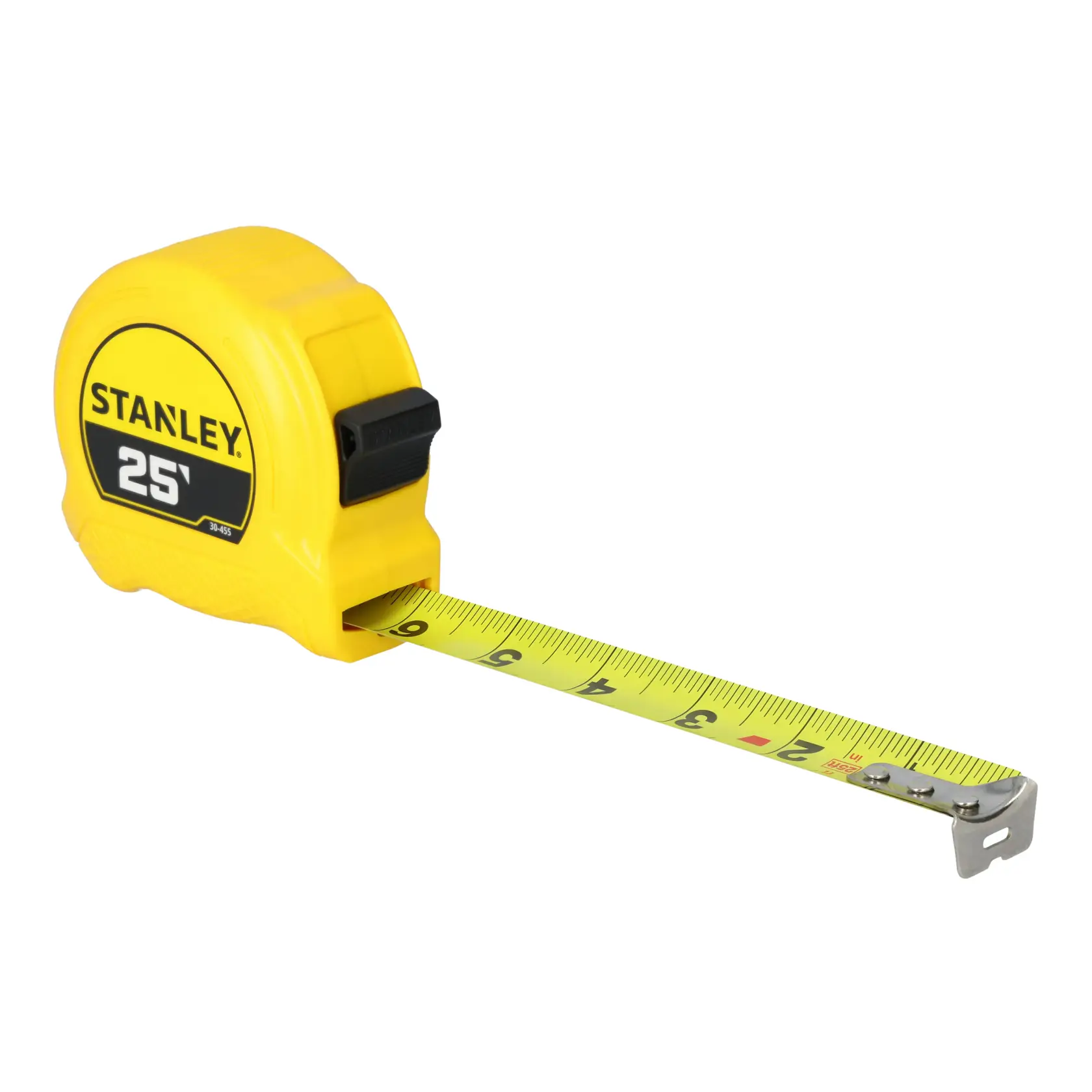 A yellow STANLEY 25-foot tape measure with the measuring tape extended and visible markings.