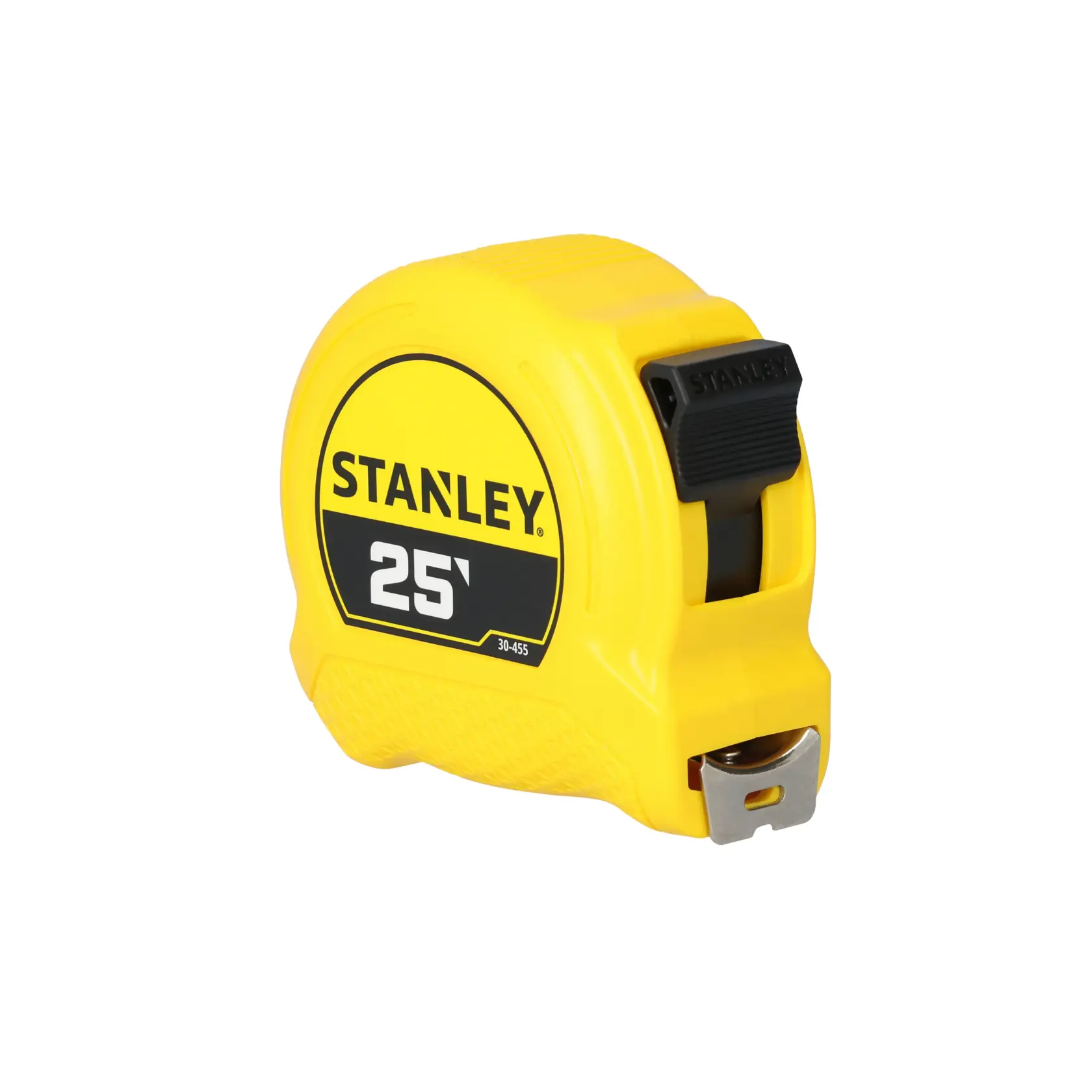 A yellow Stanley 25-foot measuring tape with black and white markings, SKU 30-455, used for measuring distances.