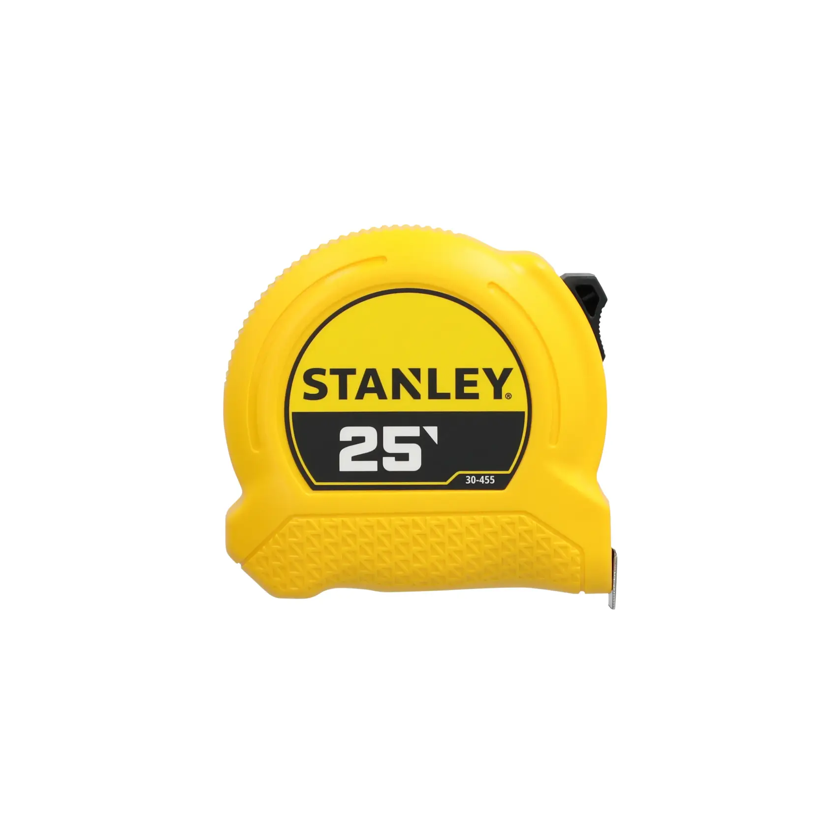 A yellow Stanley 25-foot tape measure, model 30-455, with a textured grip and black label.
